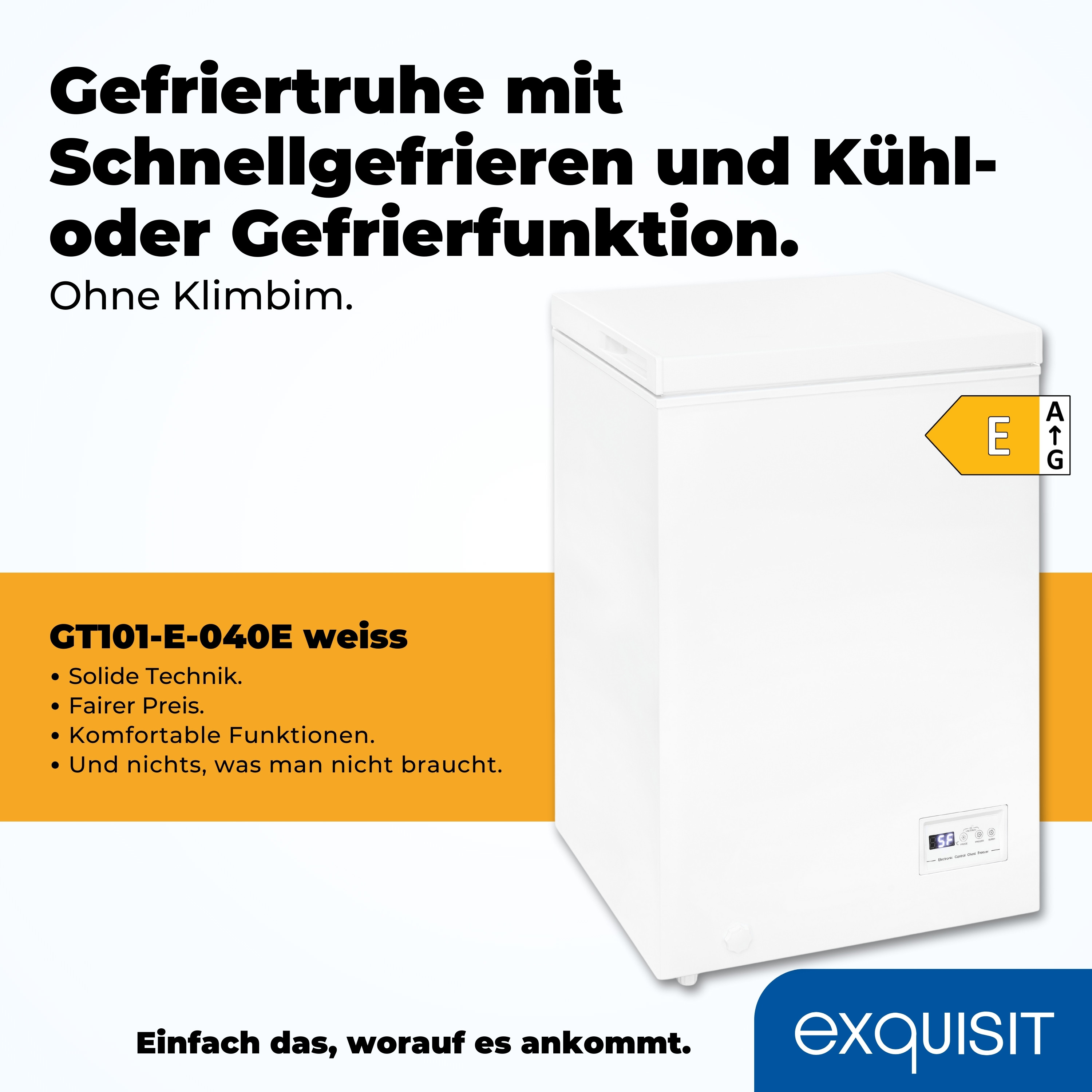Weiße Truhen-Gefriertruhe mit gelbem Energieetikett auf der rechten Seite. Text auf Deutsch sichtbar.