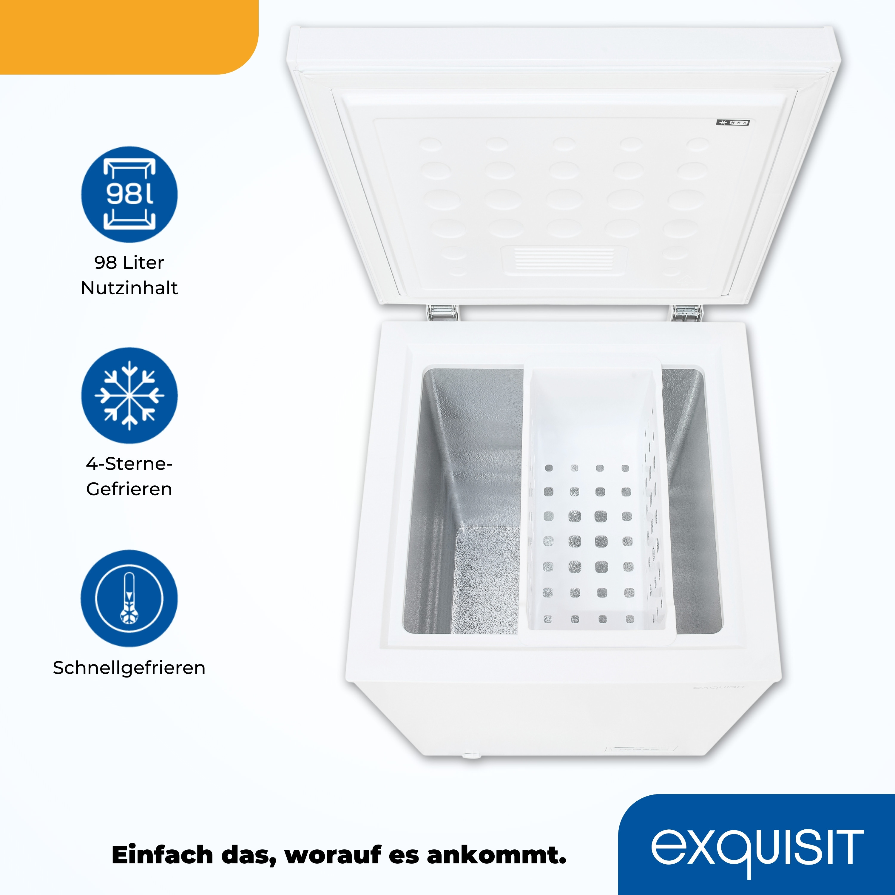 Weißer Gefrierschrank mit geöffneter Tür, Innenraum und Details zeigend, mit Textetiketten.