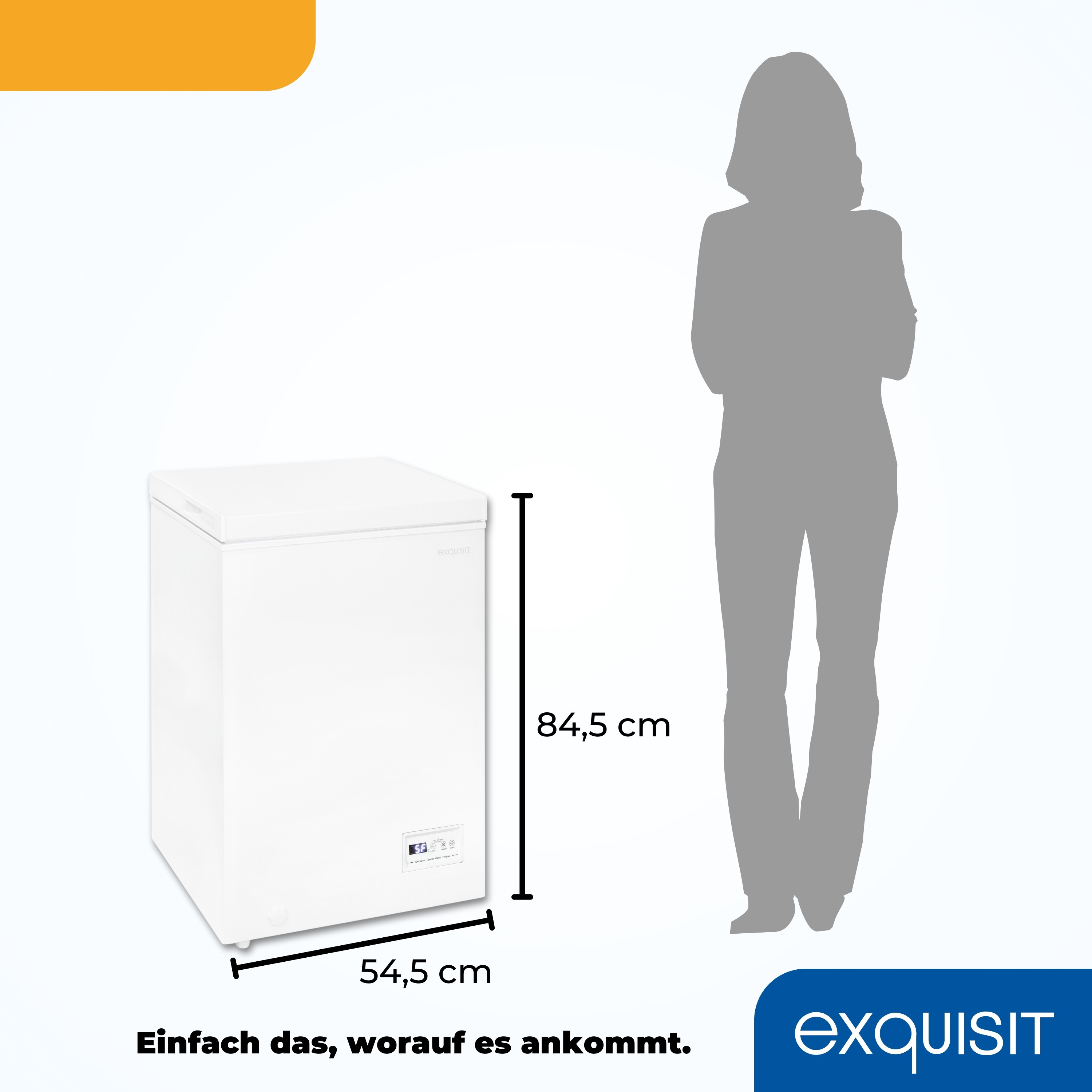 Weißer Truhen-Gefrierschrank mit Abmessungen und einer Personensilhouette. Der Gefrierschrank hat eine Digitalanzeige.