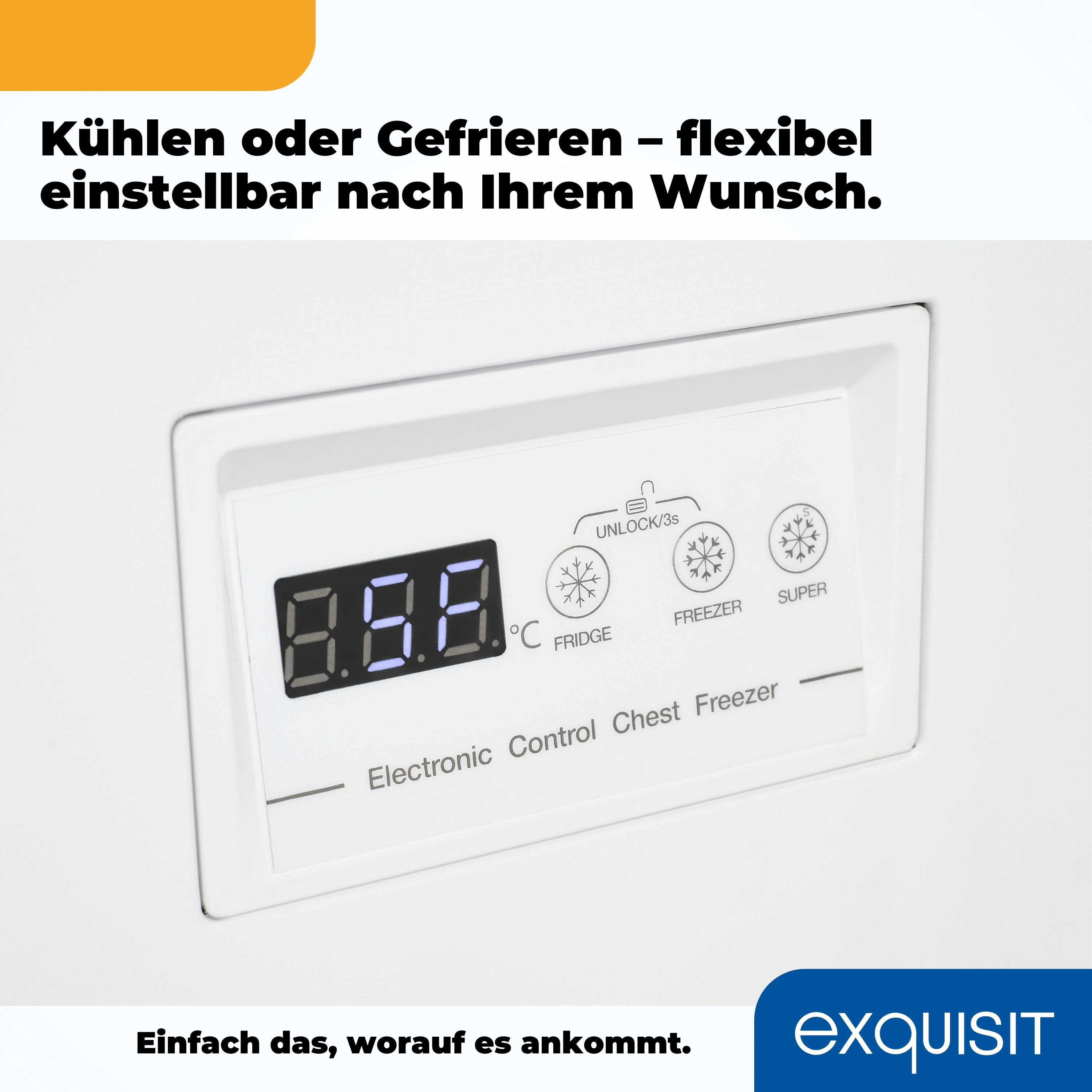 Nahaufnahme eines weißen Gefrierfach-Bedienfelds mit Digitalanzeige und Funktionstasten.
