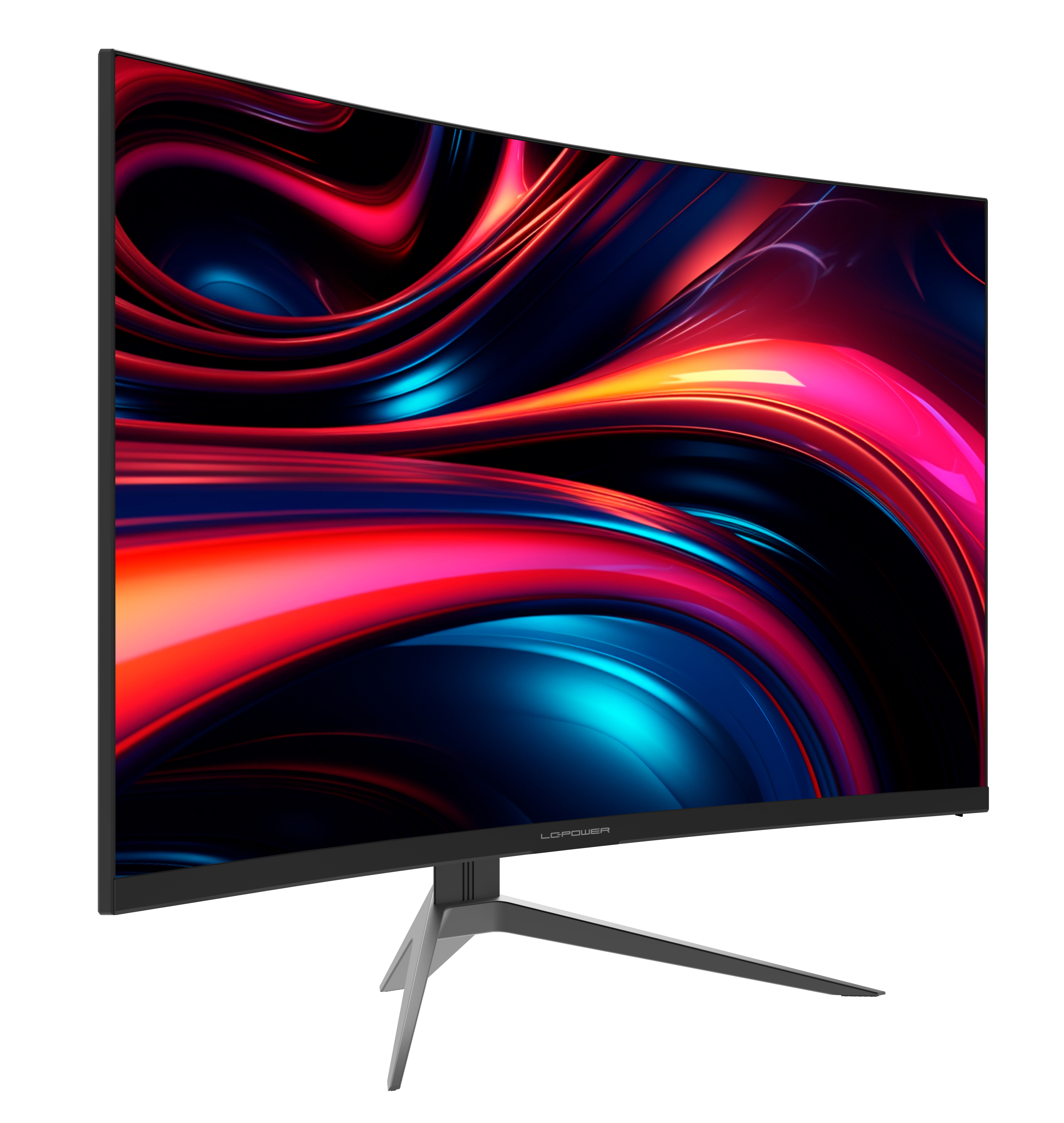 Gebogener Computermonitor zeigt abstrakte, farbenfrohe Kunst. Der Ständer ist silber, der Rahmen schwarz.