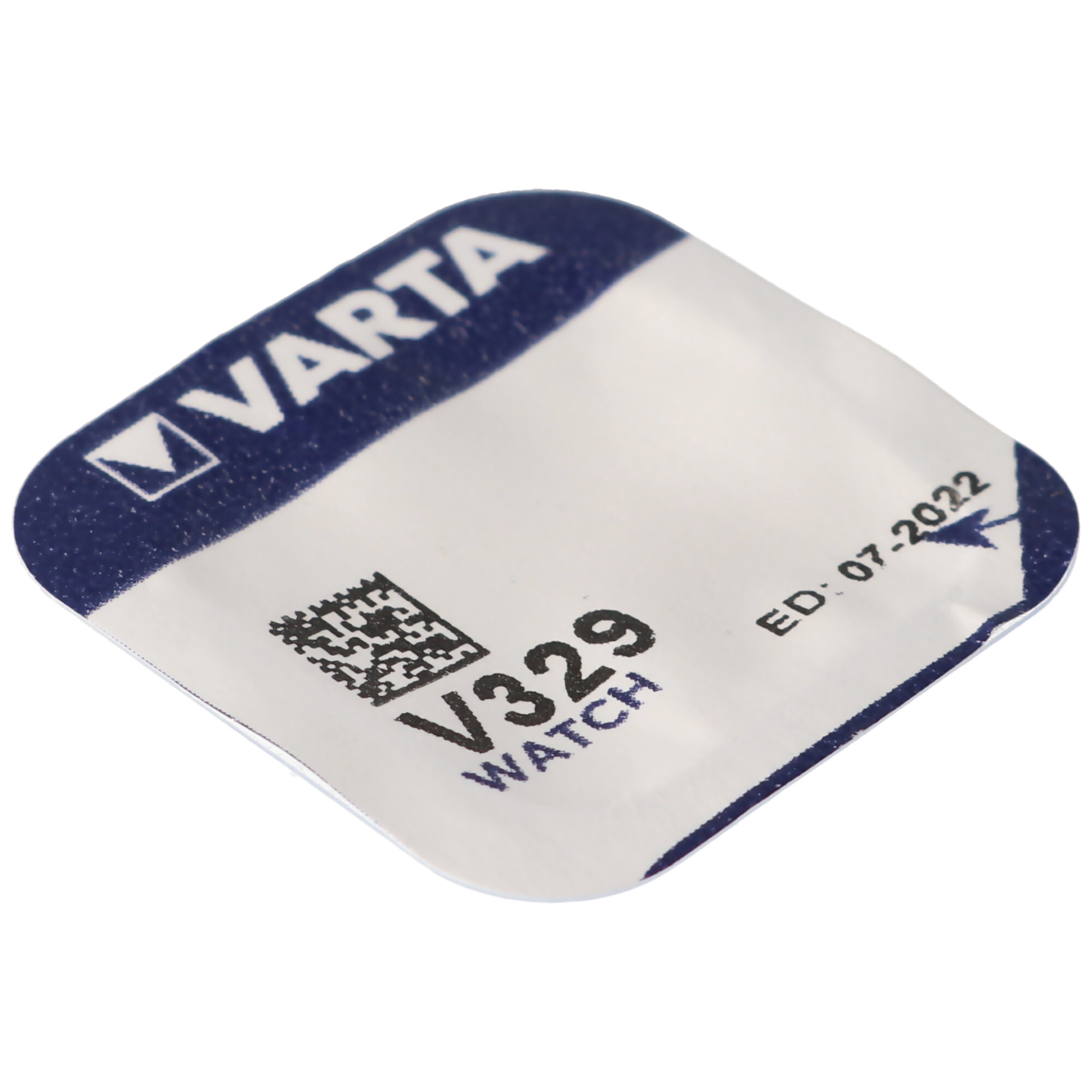 A Varta watch battery is shown. It is white and blue, with text and a QR code on it.
