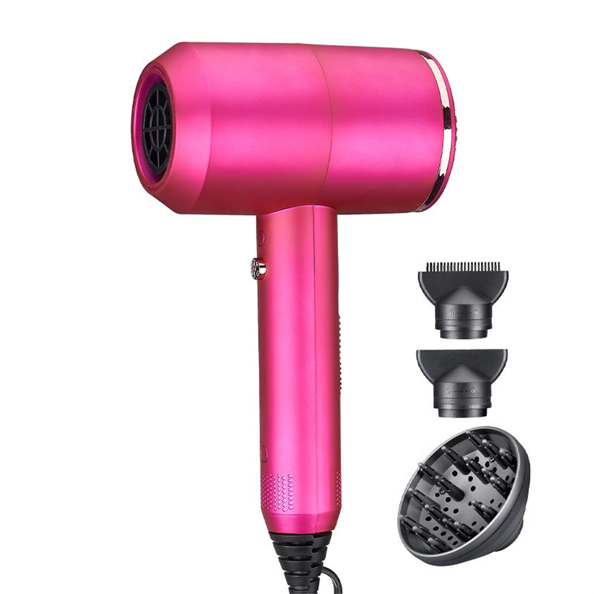 Pinker Haartrockner mit drei Aufsätzen. Inklusive Düse, Diffusor und Konzentrator-Aufsätzen.