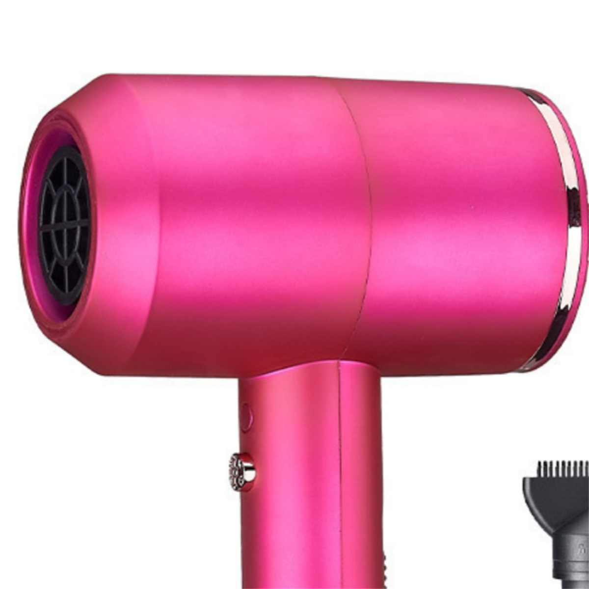 Ein pinkfarbener Haartrockner mit einer schwarzen Düse.