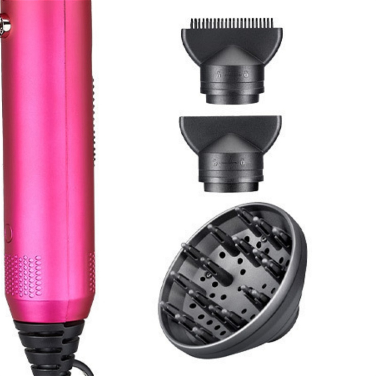 Pinker Haartrockner mit drei Aufsätzen, einschließlich Diffusor und zwei Düsenaufsätzen.