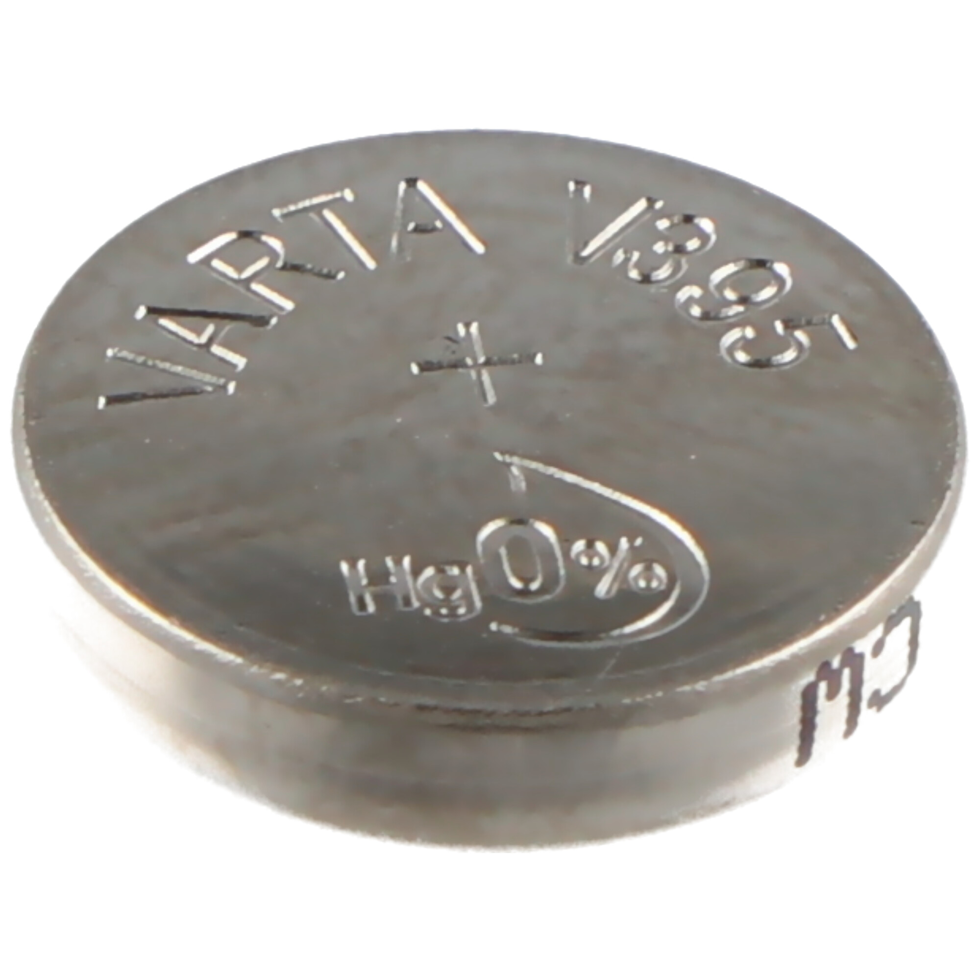 A silver Varta V1305 battery with text and symbols on a white background.