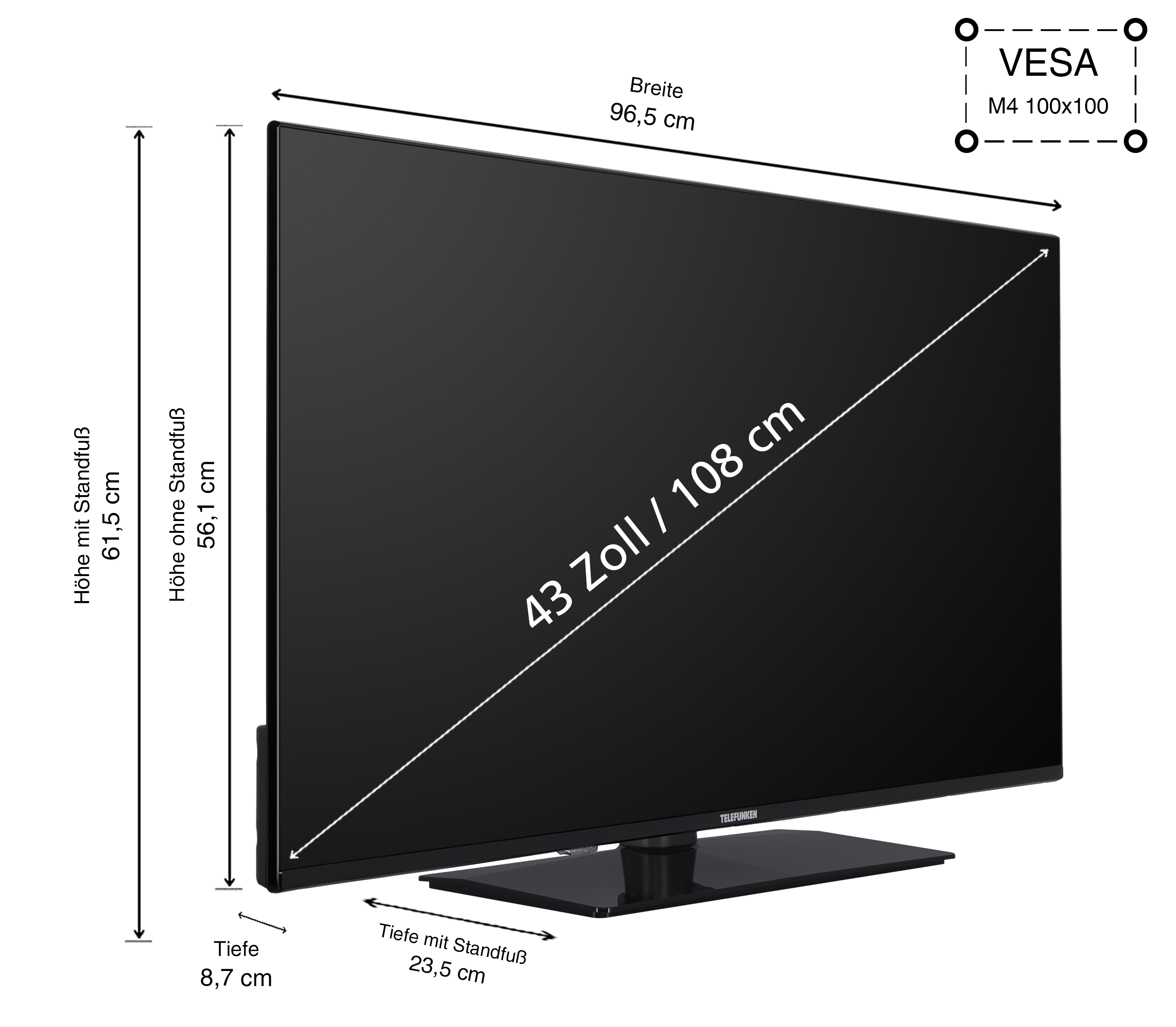 Ein schwarzer Fernseher mit Abmessungen. Pfeile zeigen Messungen wie Höhe und Breite an.