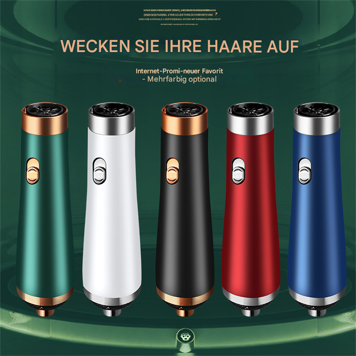 Fünf farbige Haarstyler. Jeder hat eine andere Farbe: grün, weiß, schwarz, rot und blau. Sie haben einen goldenen Rand.
