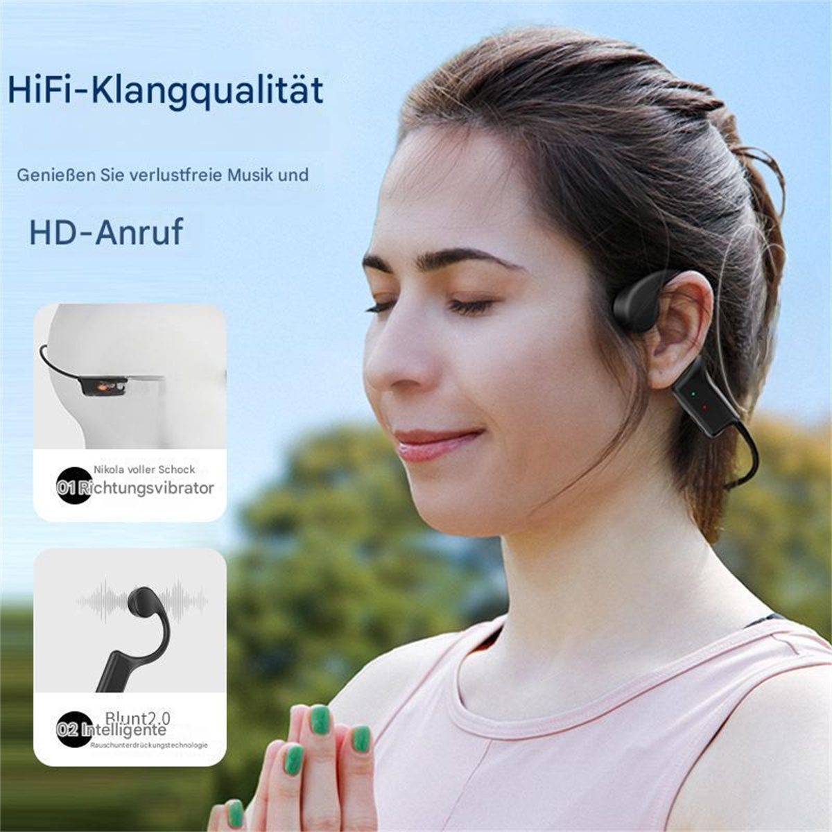 Frau mit In-Ear-Kopfhörer, mit Text und Diagrammen, die Klangmerkmale veranschaulichen.