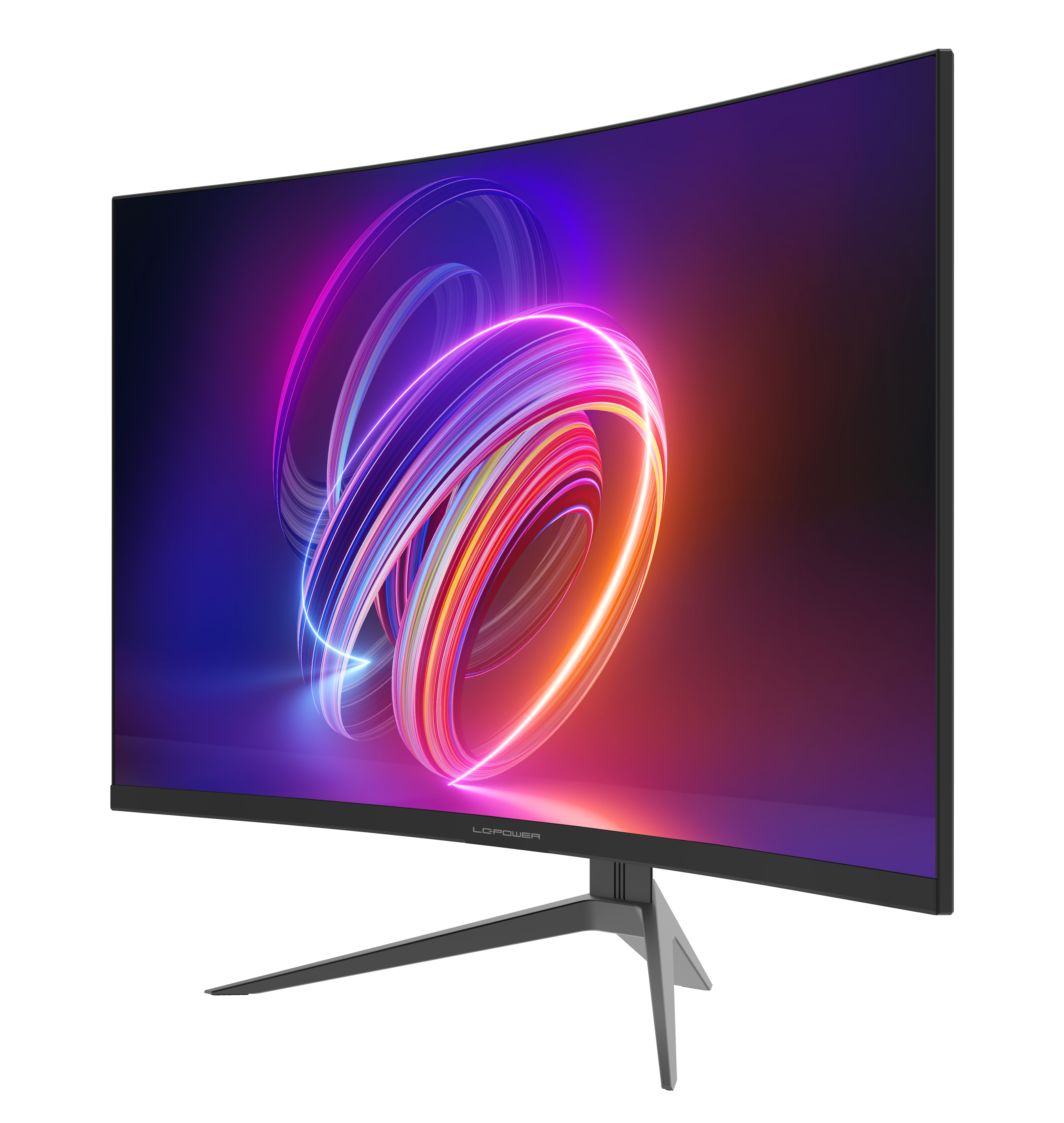 Gebogener Computermonitor. Der Bildschirm zeigt ein farbenfrohes, abstraktes Design. Der Fuß ist silberfarben.