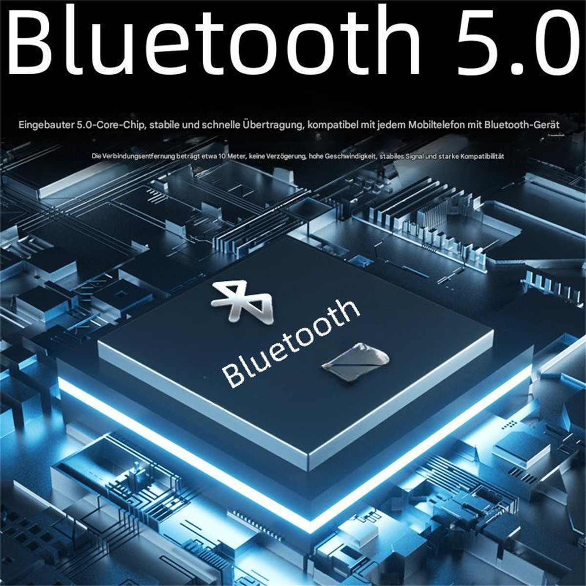 Bluetooth-Technologie-Visualisierung. Ein Chip mit Bluetooth-Logo, umgeben von Netzwerkleitungen. Blauer Hintergrund.
