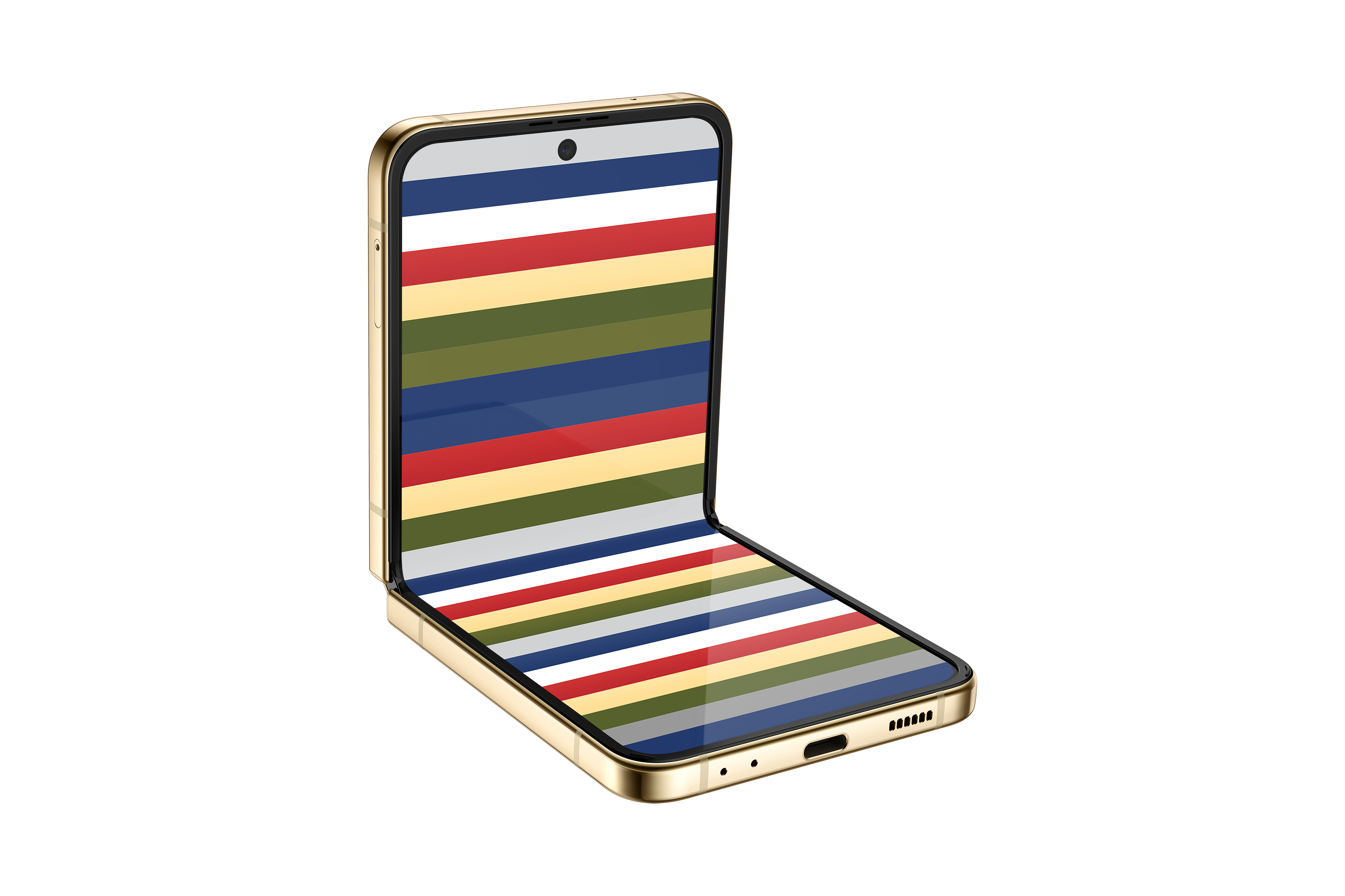 Un teléfono plegable dorado con pantalla a rayas coloridas, parcialmente abierto.