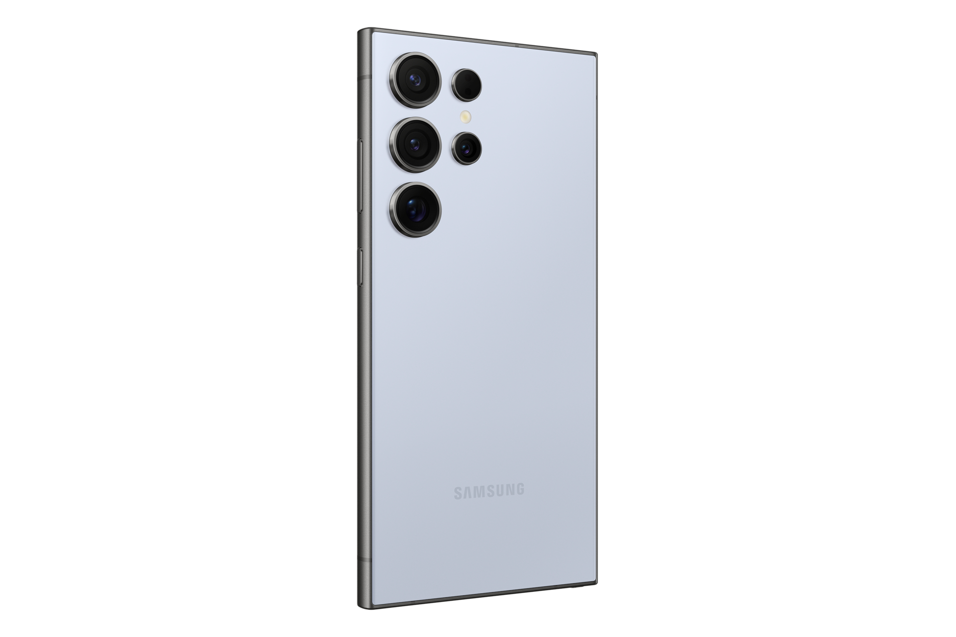 Lichtblauwe smartphone achterkant met meerdere camera's en Samsung logo, witte achtergrond.