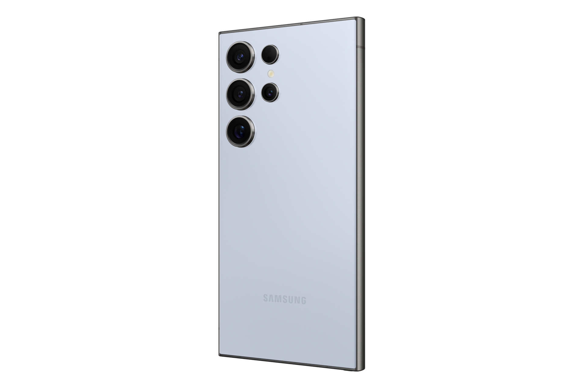 Zilveren smartphone, achteraanzicht, met meerdere camera's en Samsung-logo. Geïsoleerd op wit.