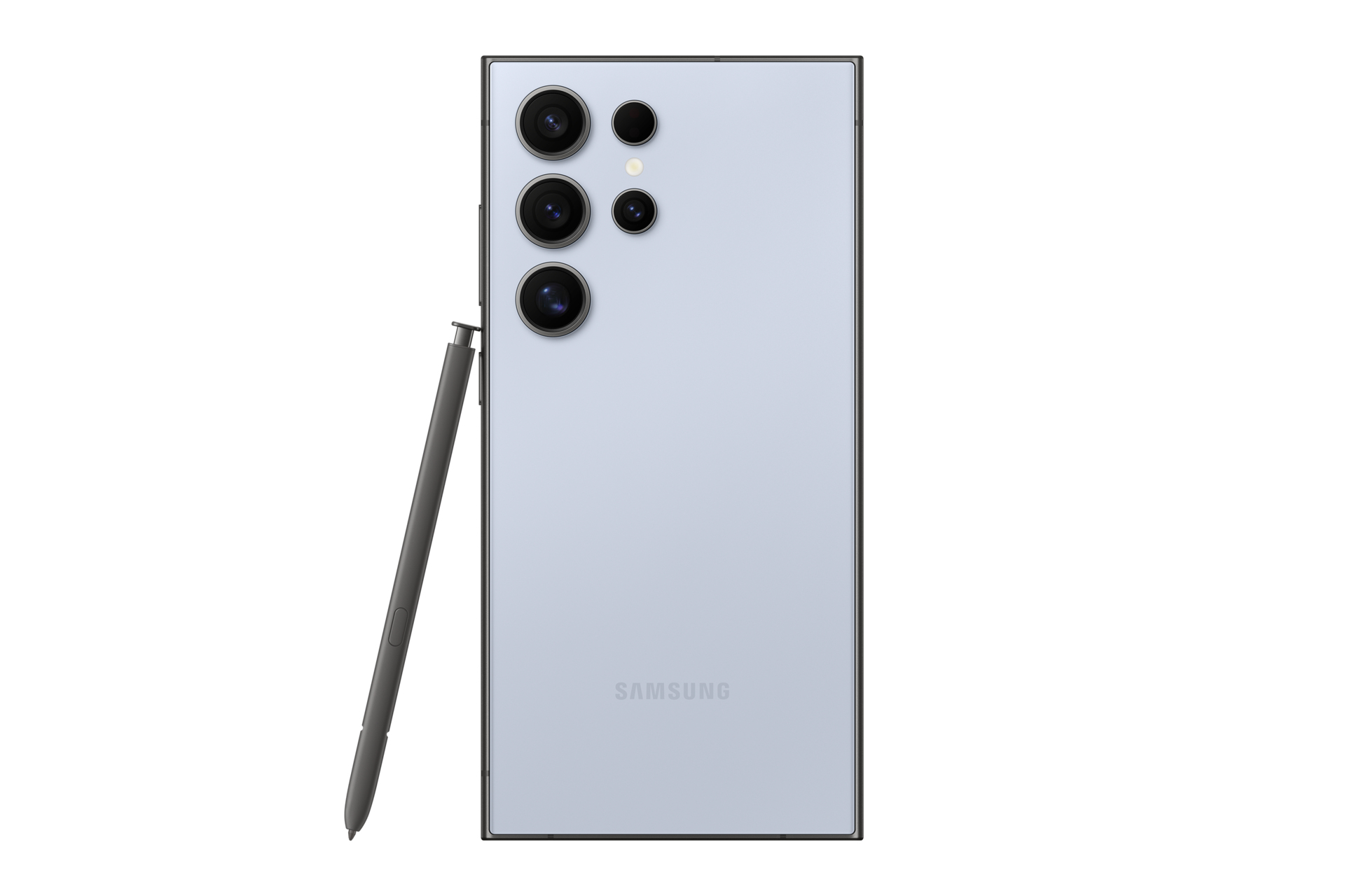 De achterkant van een lichtblauwe Samsung-telefoon met een stylus.