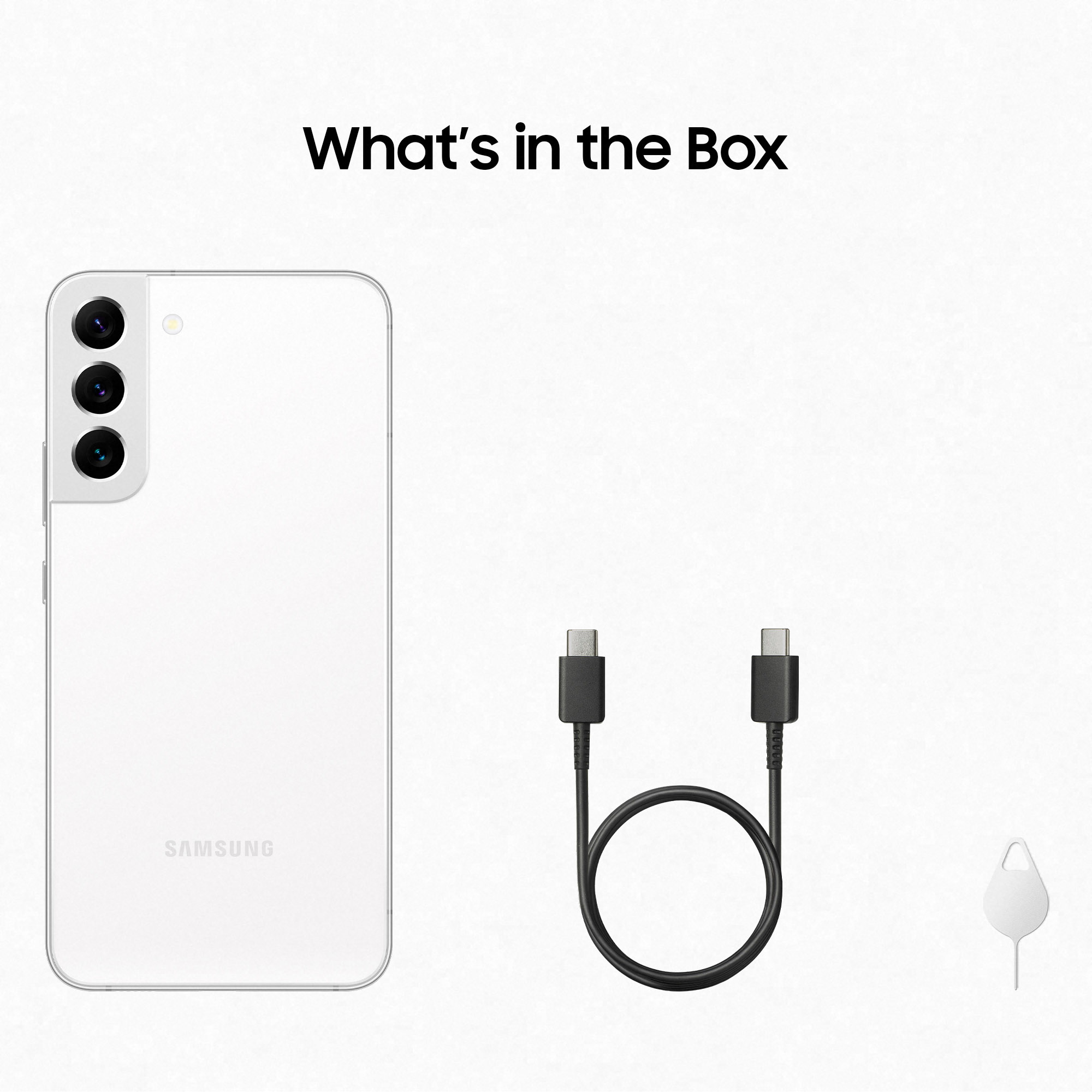 Biały telefon, kabel USB-C i wyrzutnik karty SIM. Tekst: 'Co jest w pudełku'.