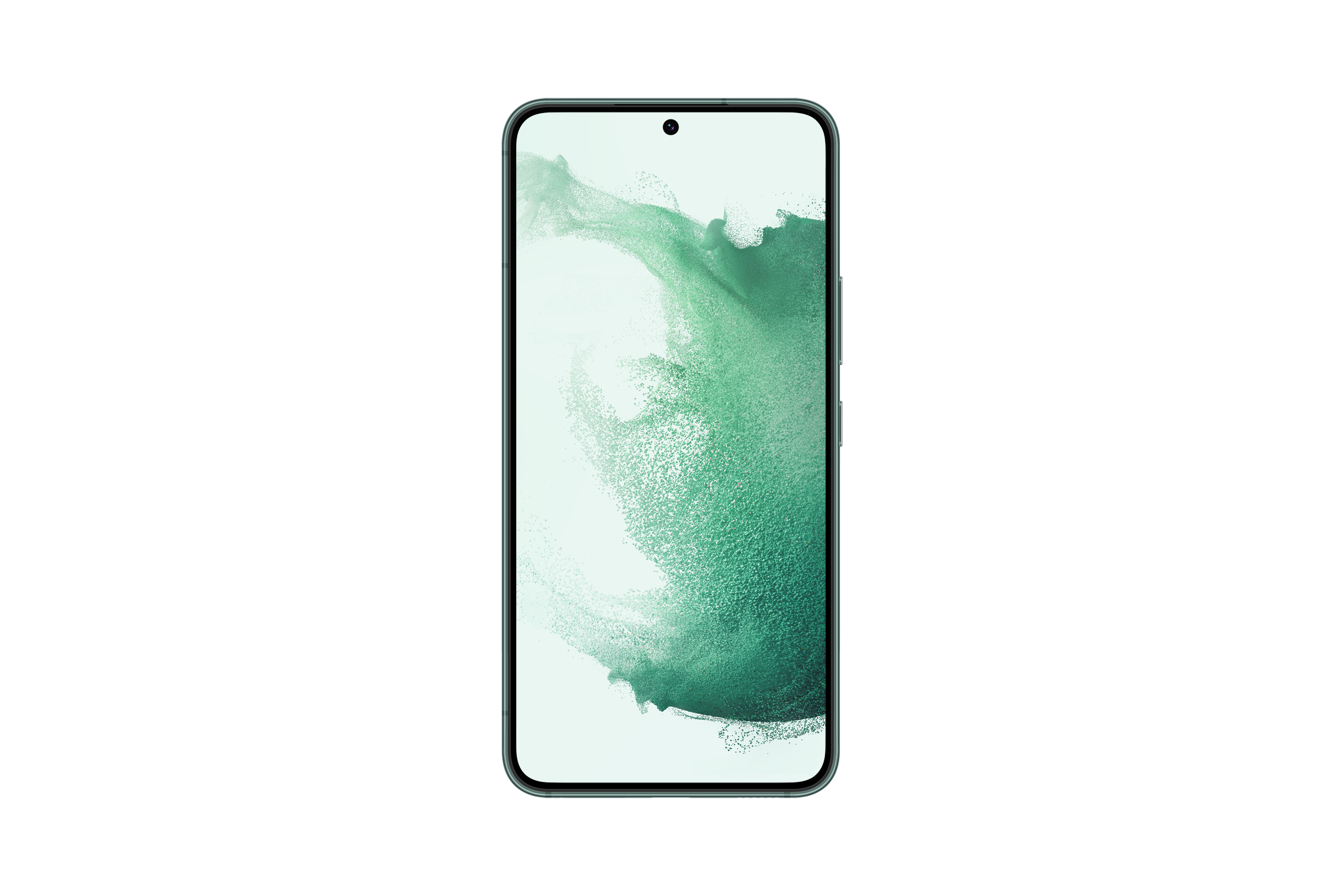 Ein grün-weißes Smartphone. Der Bildschirm ist eingeschaltet.