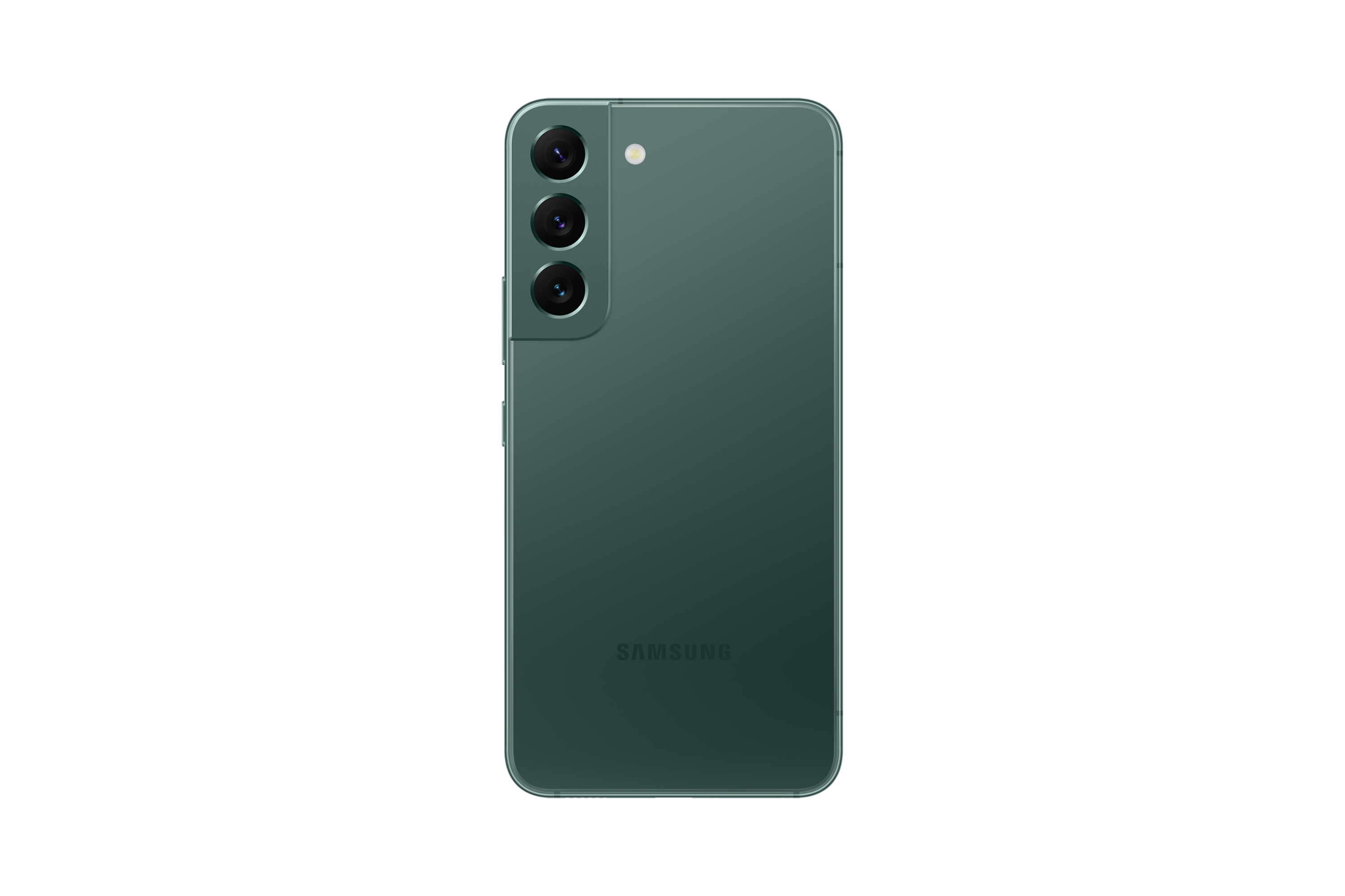 Grünes Telefon mit drei Kameras auf der Rückseite, Samsung-Logo, weißer Hintergrund.