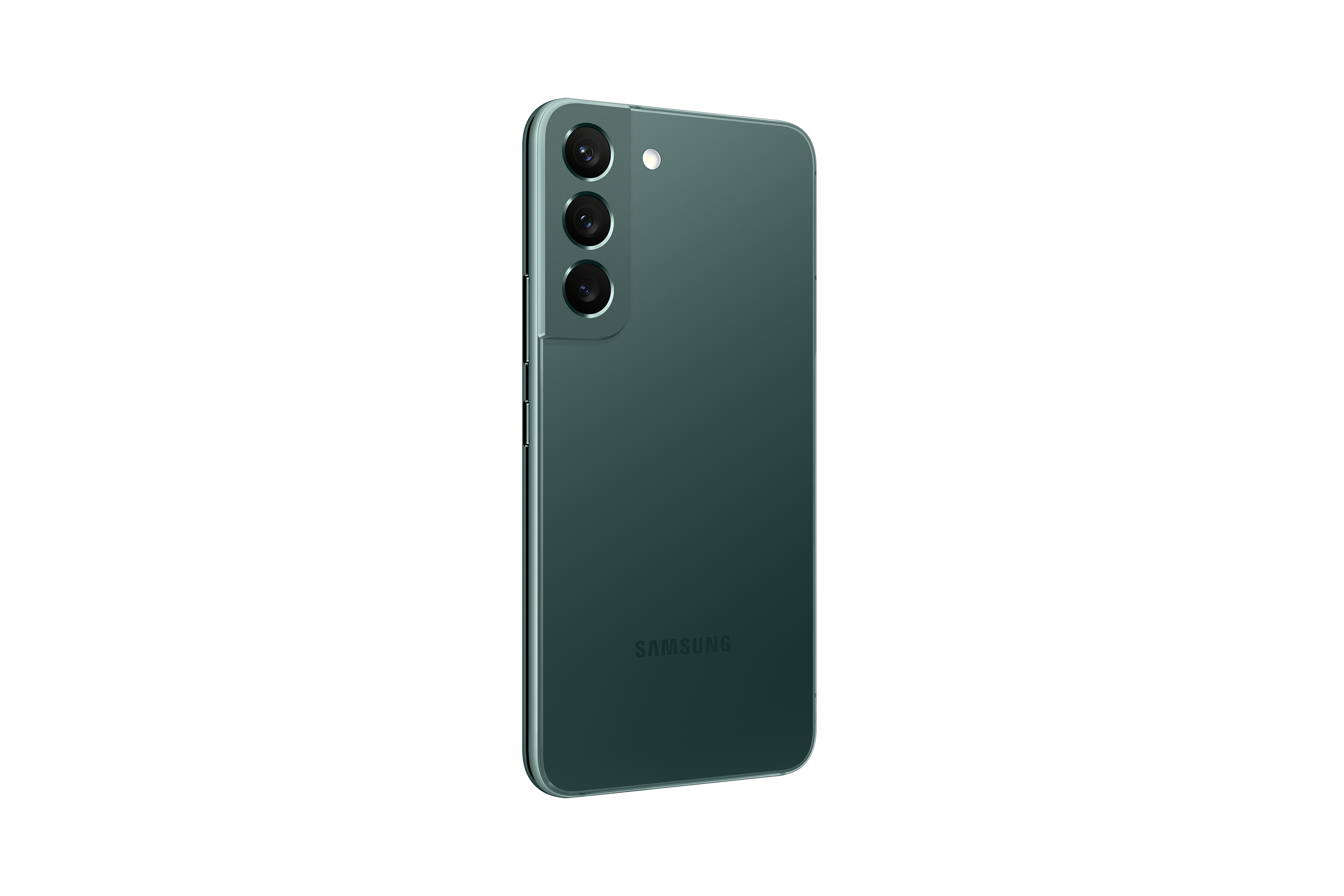 Dunkelgrünes Samsung-Handy, Rück- und Seitenansicht. Drei Kameras auf der Rückseite, schwarzer Rahmen.