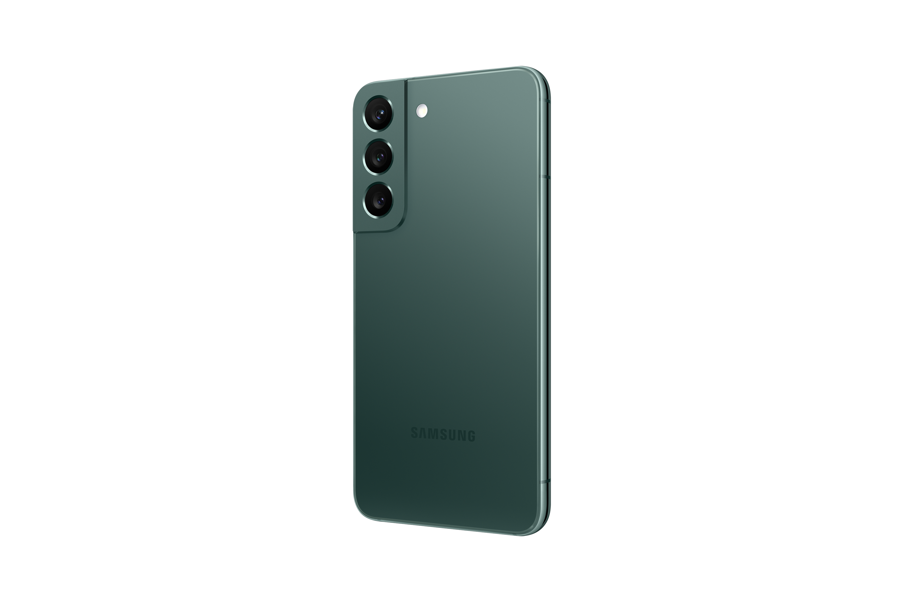Dunkelgrünes Smartphone mit drei Rückkameras und dem Samsung-Logo.