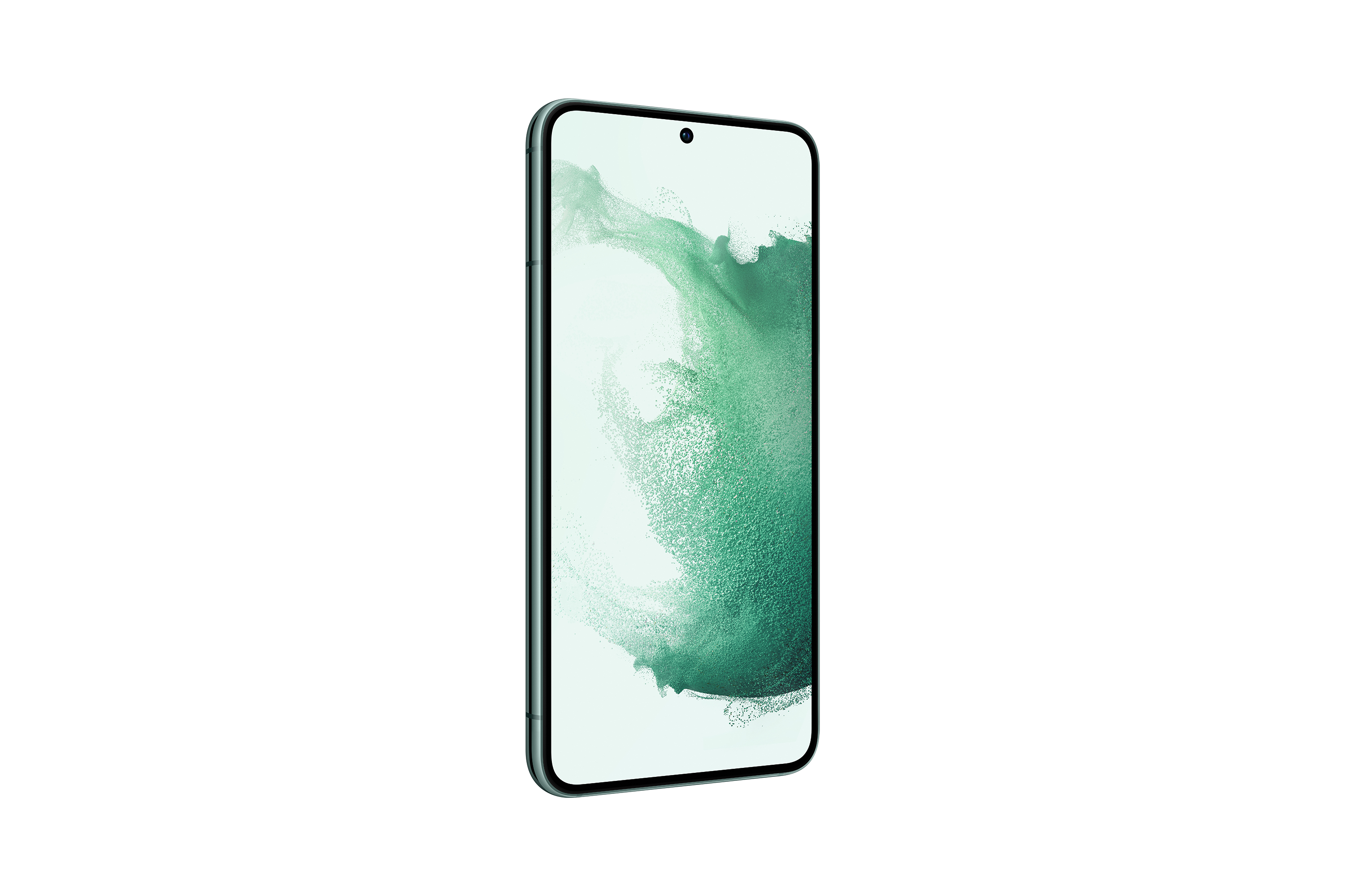 Grünes Smartphone auf weißem Hintergrund, der Bildschirm zeigt nach vorne. Schlankes Design.