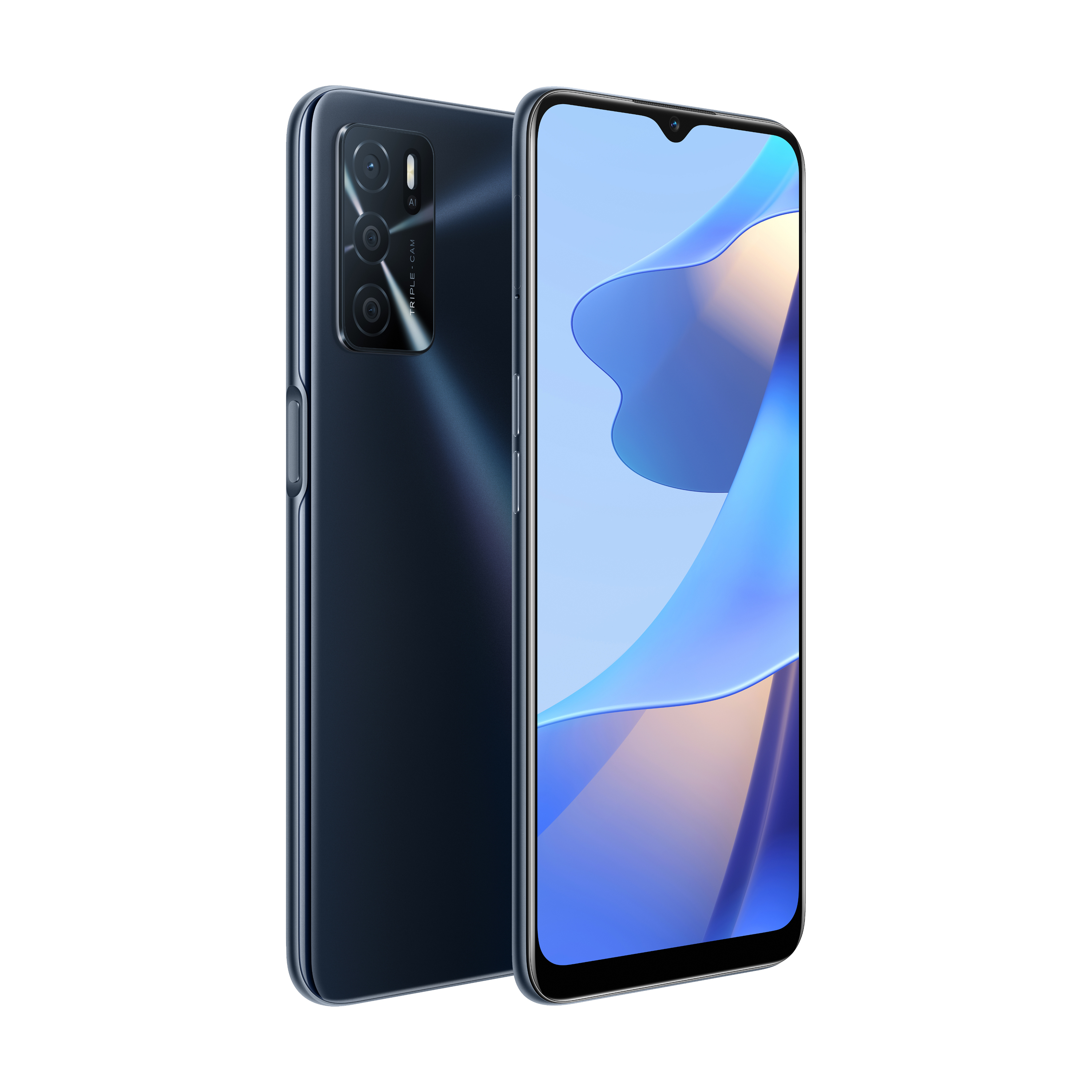 Ein dunkelblaues Smartphone, das einen Bildschirm und seine Rückseite zeigt, mit drei Kameras und Markennamen.