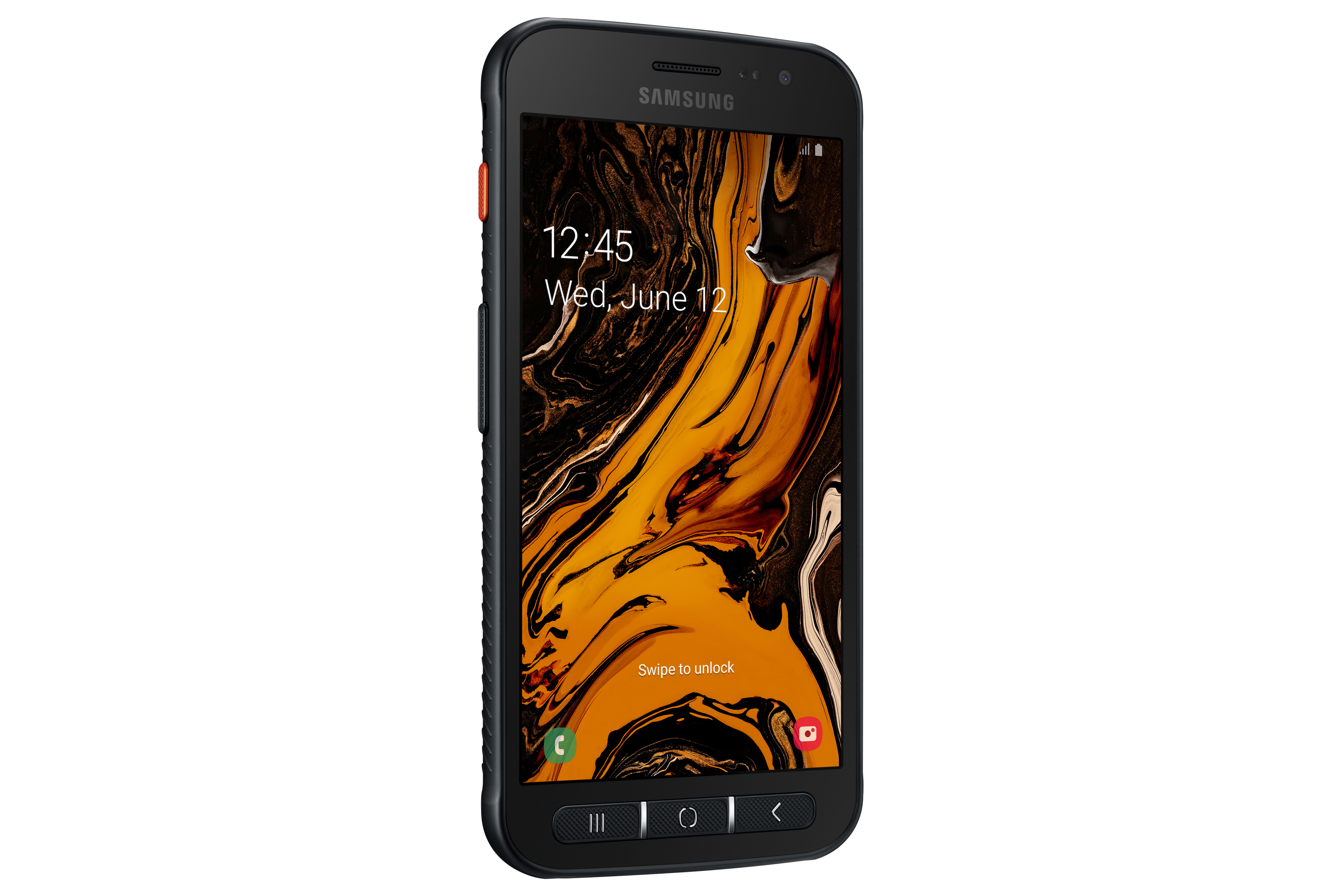 Telefono Samsung nero robusto con dettagli arancioni. Schermo mostra l'ora e arte astratta.