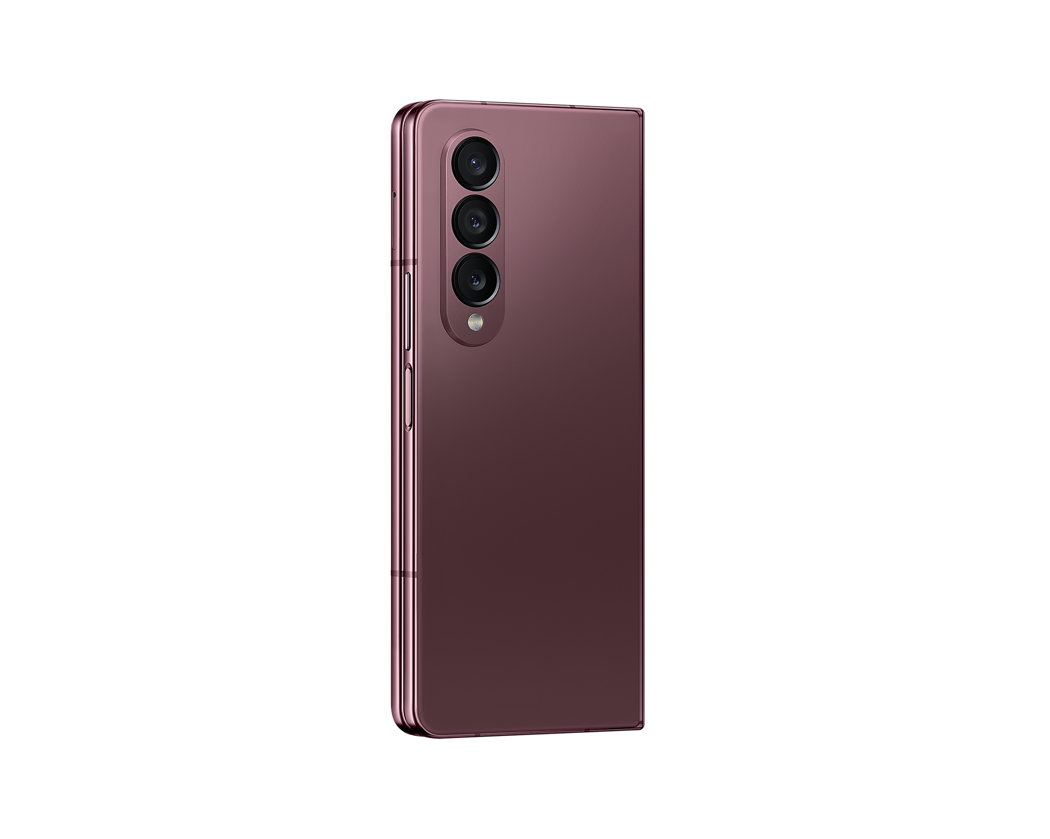Faltbares Smartphone, Rückansicht. Lila-braune Farbe mit drei Kameras.
