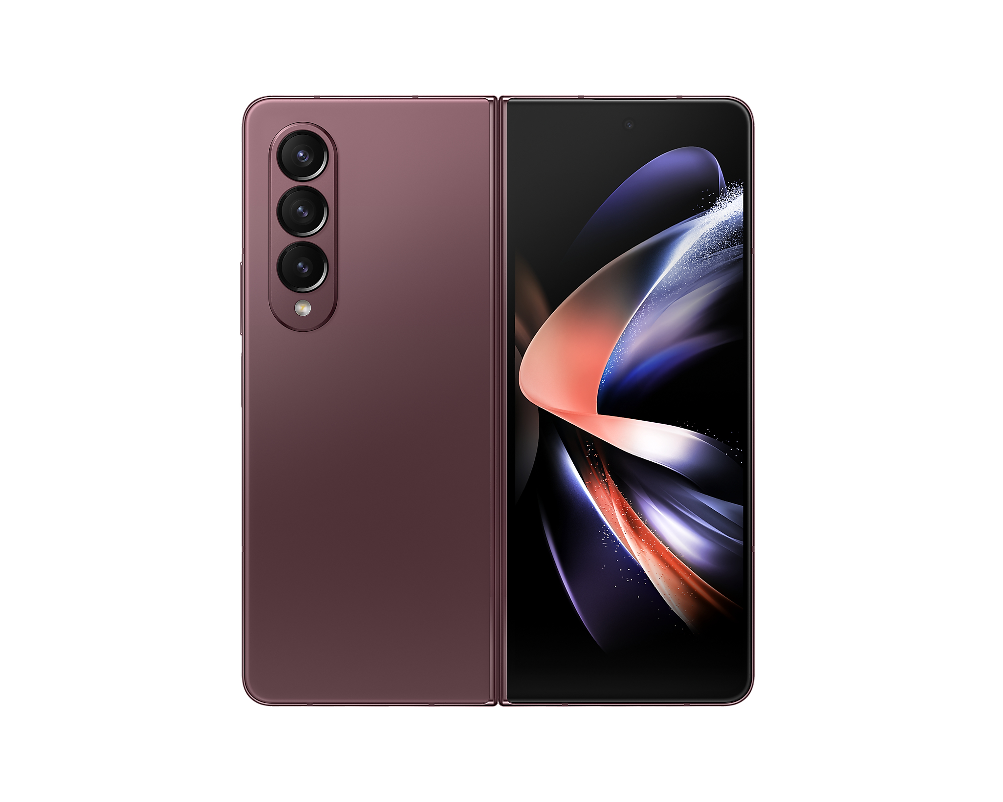 Ein geschlossenes, lila Samsung Galaxy Z Fold 4 Telefon wird auf weißem Hintergrund angezeigt.