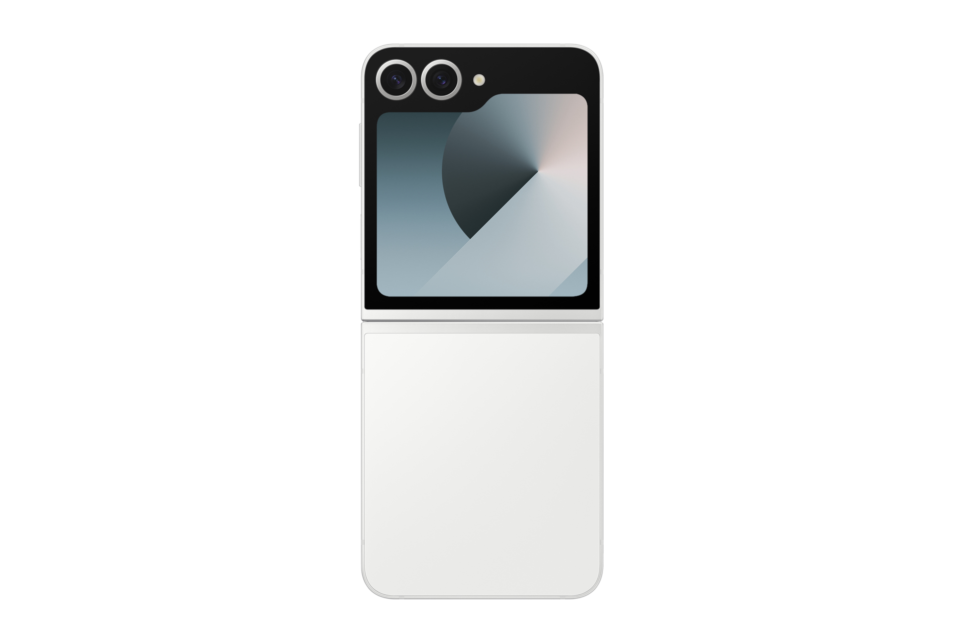 Ein weißes, zusammengeklapptes Smartphone mit Dual-Kameras und Bildschirm.