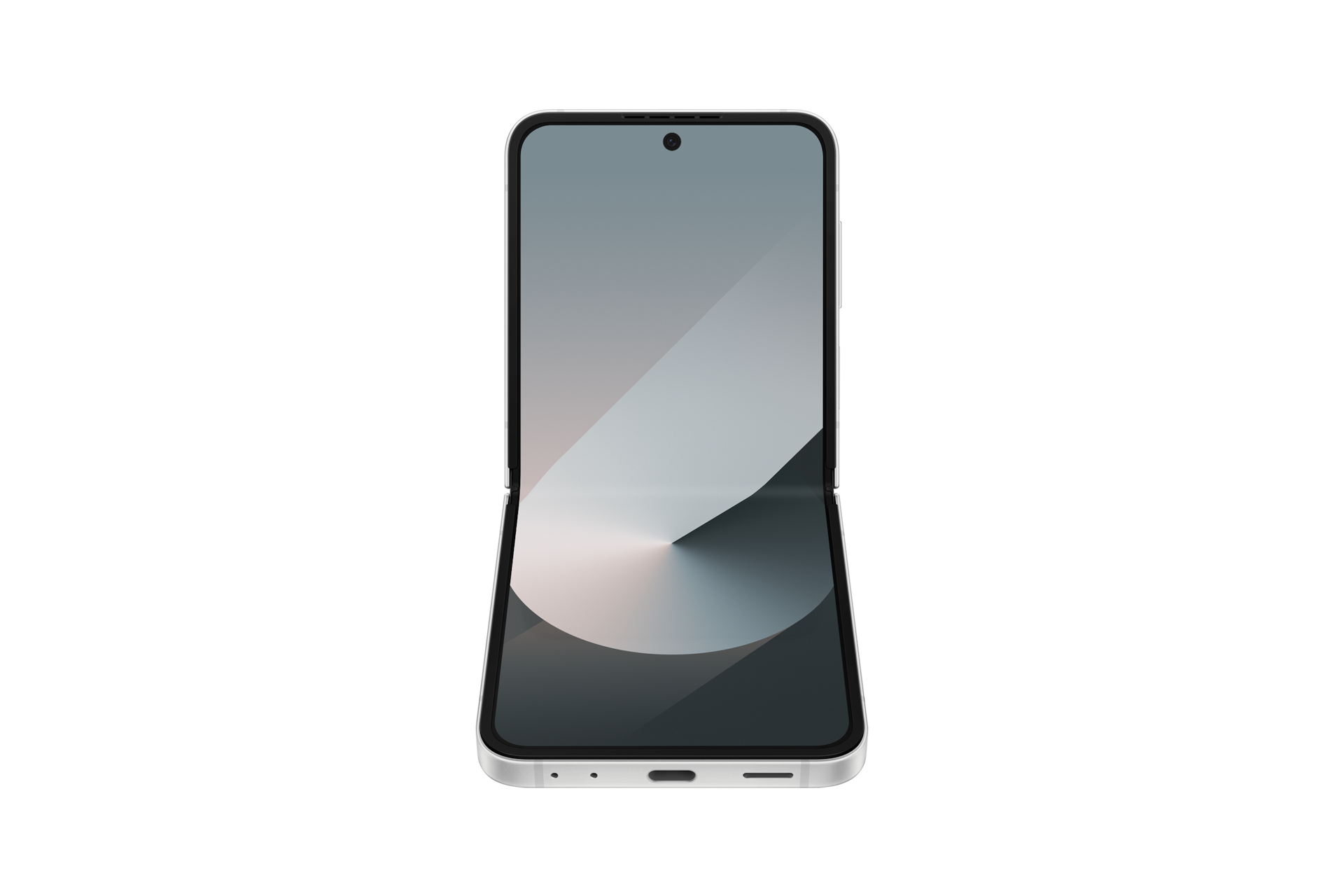 Ein faltbares, silbernes Smartphone, geöffnet. Der Bildschirm zeigt einen grauen Farbverlauf. Das Telefon liegt auf weißem Untergrund.
