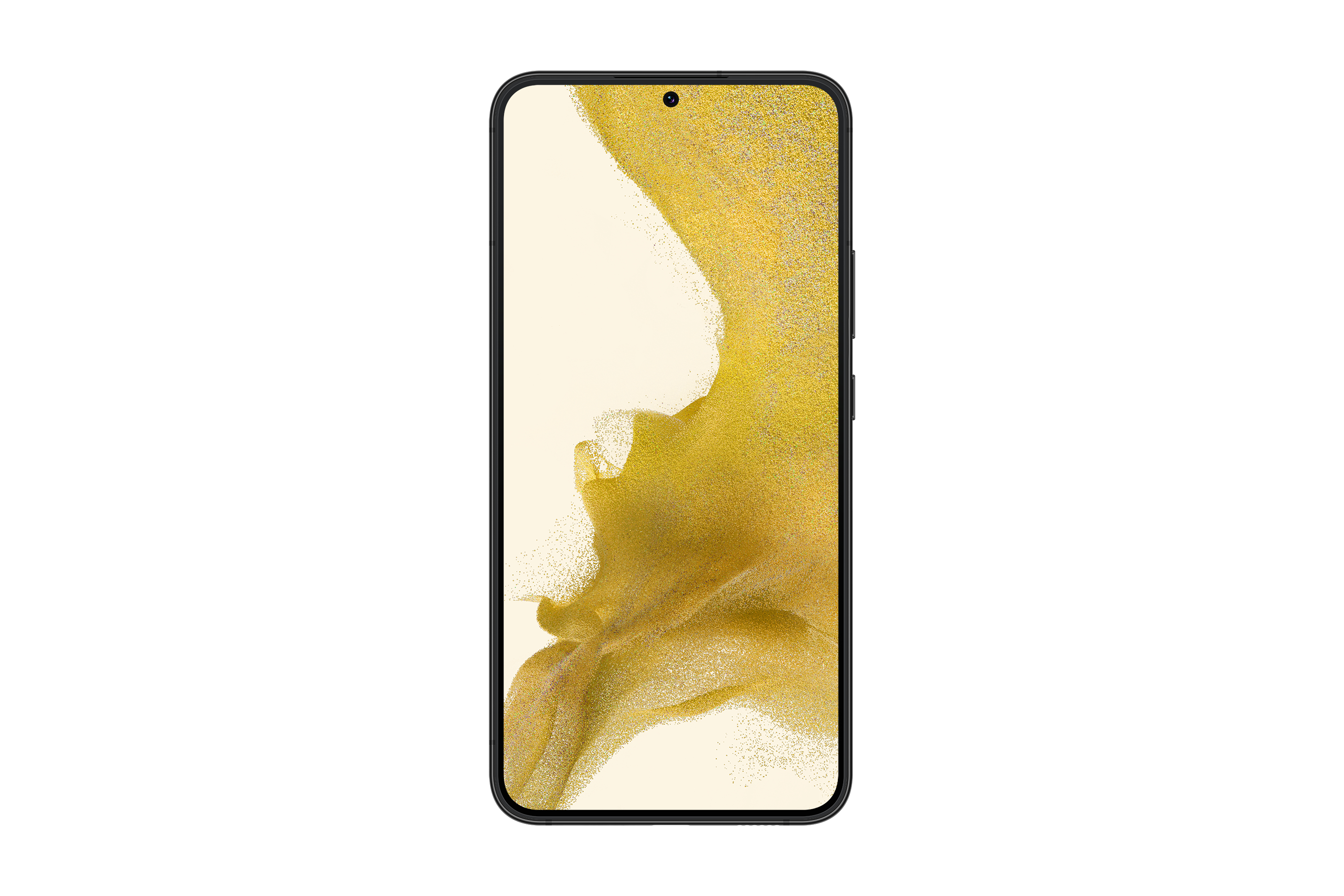 Smartphone con schermo dorato. Cornice nera, sfondo bianco.