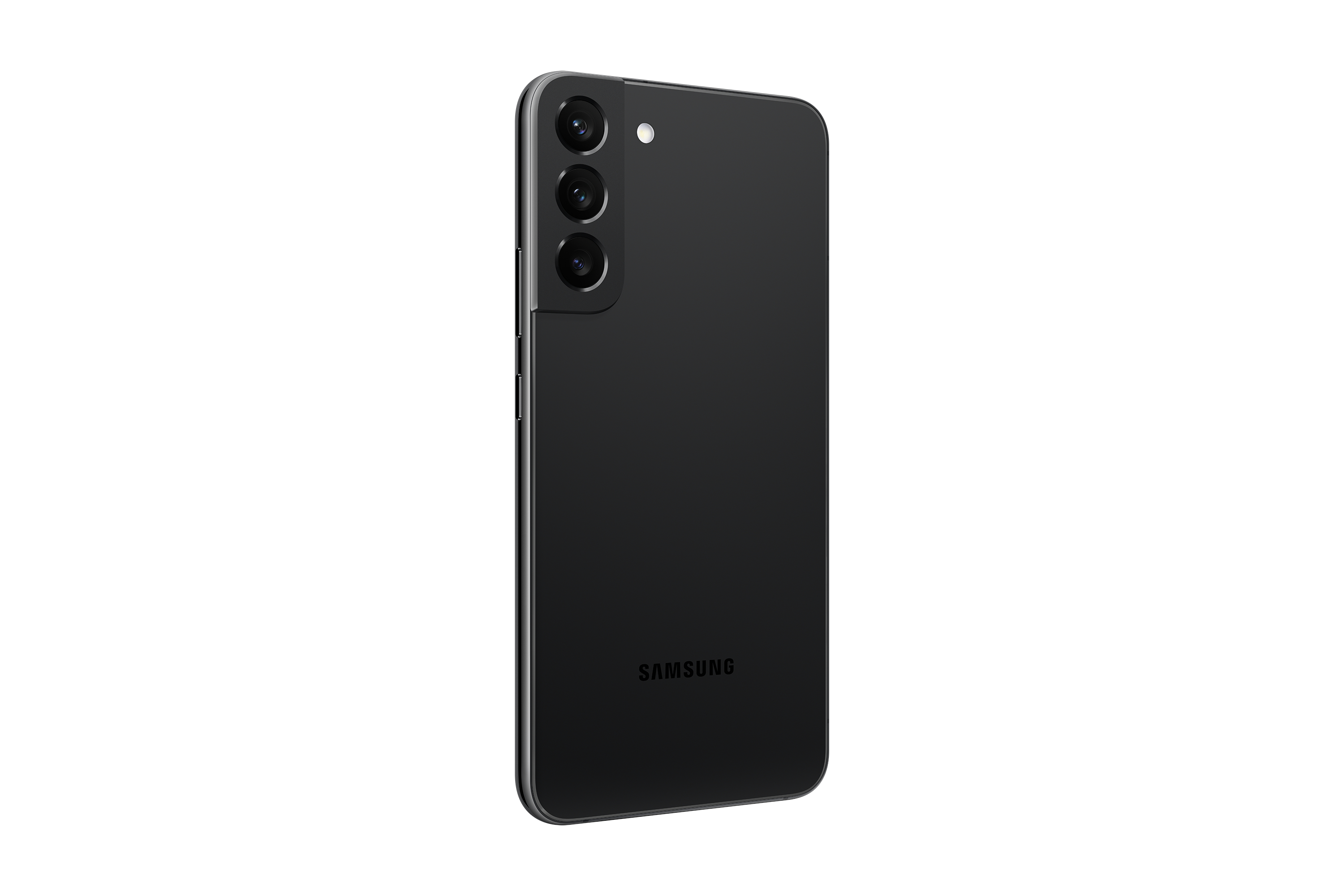 Smartphone nero con tre fotocamere e il logo Samsung. Il lato posteriore è visibile.