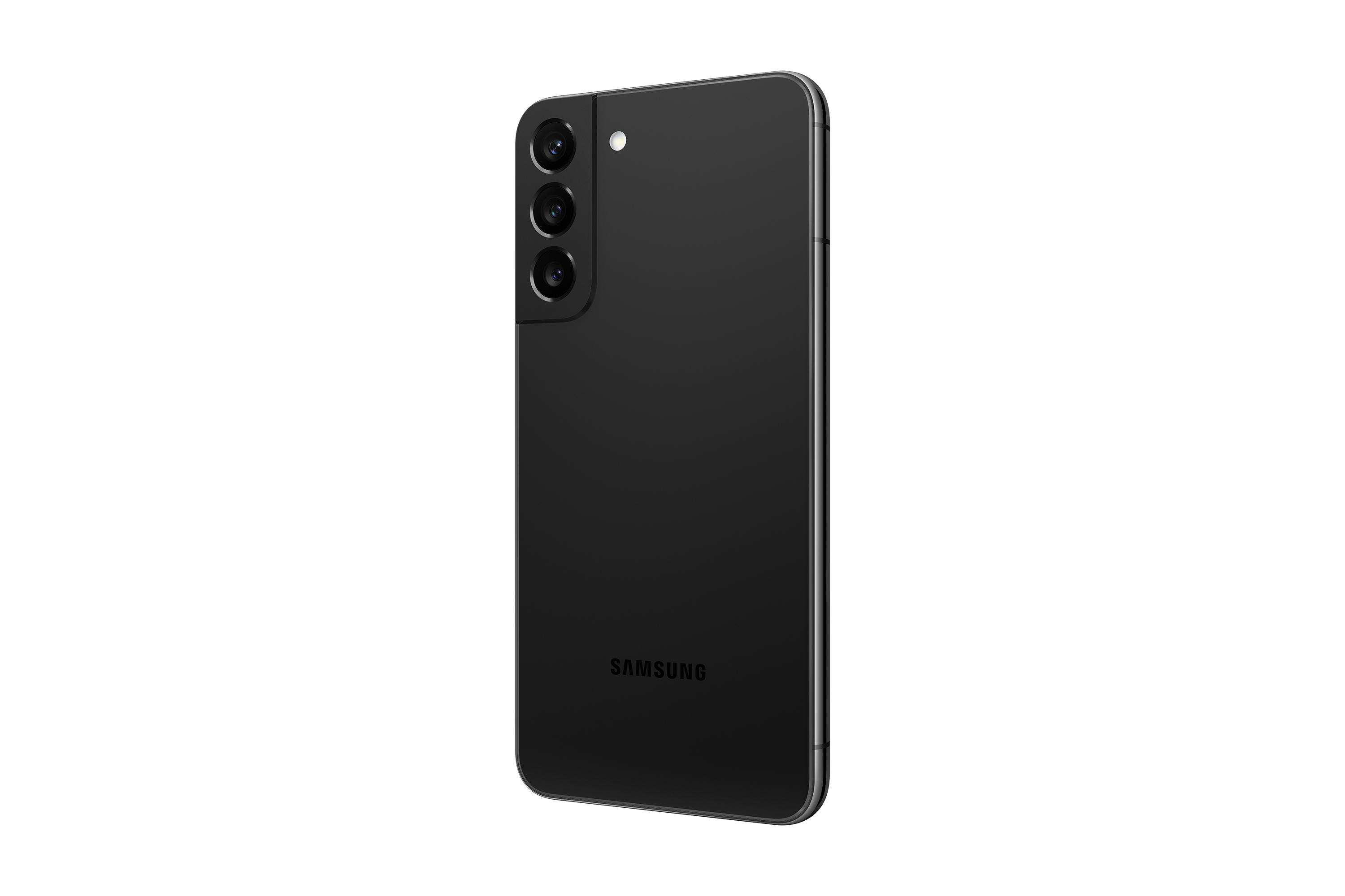 Telefono Samsung nero, vista posteriore e laterale. Tre fotocamere, flash e logo Samsung.