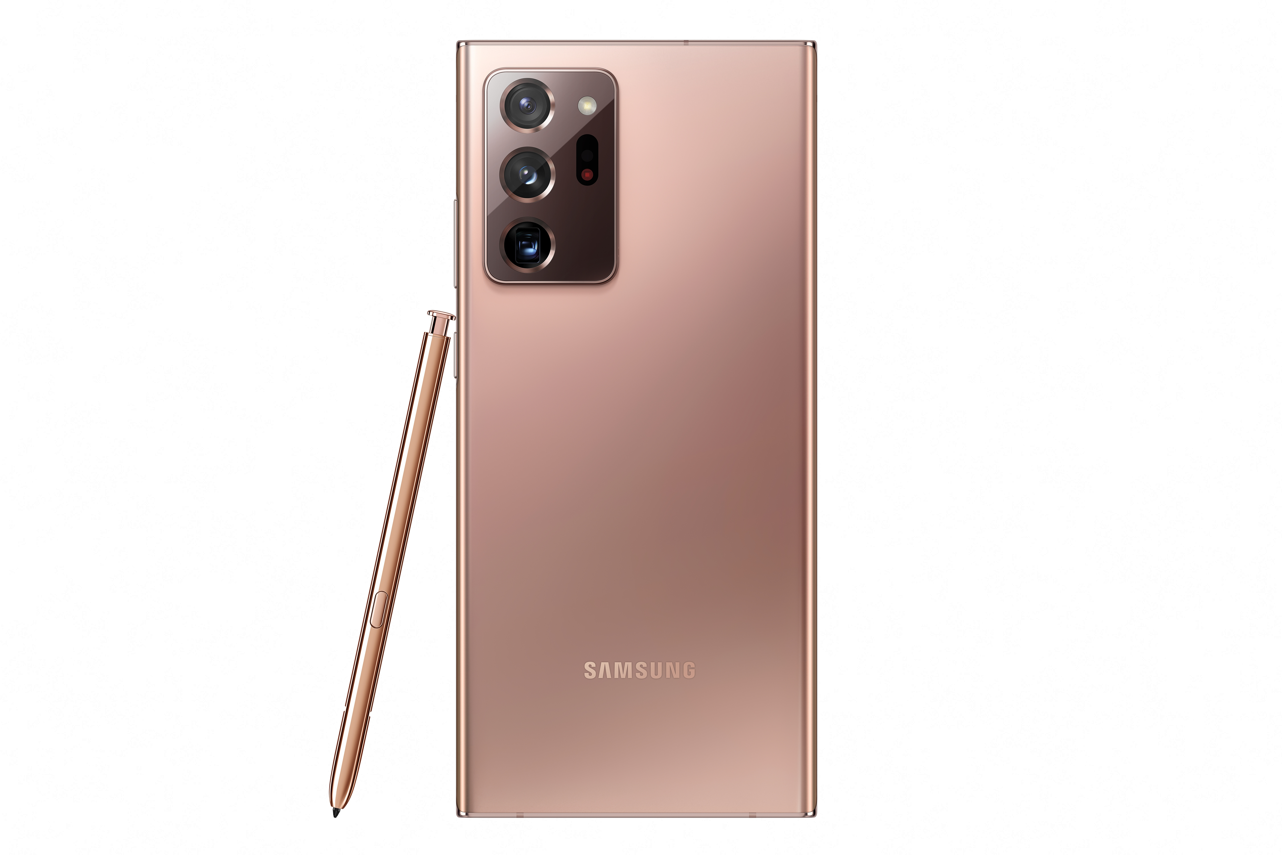 Uno smartphone oro rosa con tre fotocamere posteriori e una penna corrispondente, su sfondo bianco.