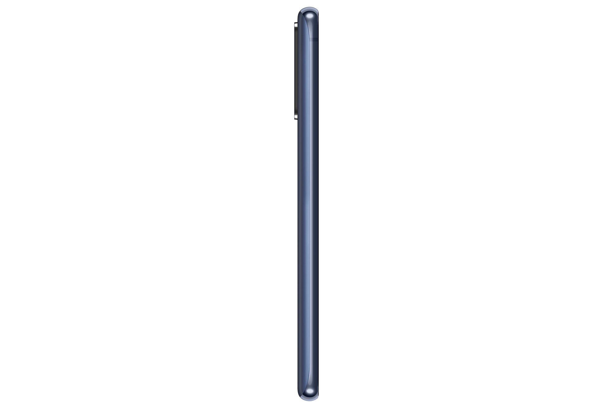 Perfil lateral del teléfono, color azul marino, con diseño elegante y minimalista, fondo blanco.