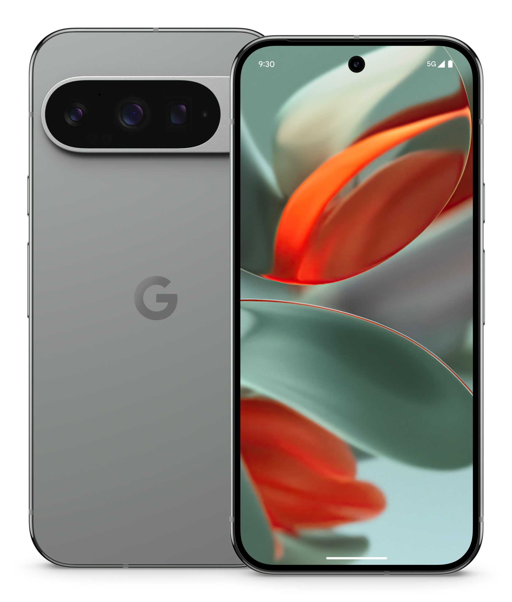 Silbernes und graues Smartphone. Die Rückseite hat eine Kameraanordnung und ein „G“-Logo. Der Bildschirm zeigt ein Bild.