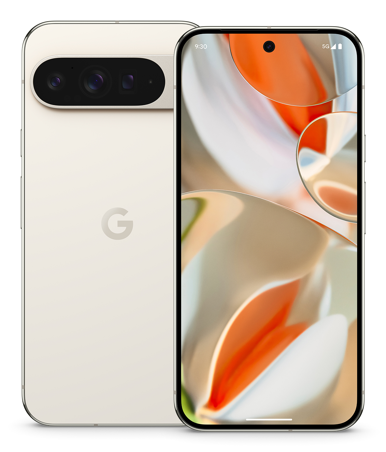 Gouden telefoon met camera's, scherm toont ontwerp, witte achtergrond. Google-logo op achterkant.