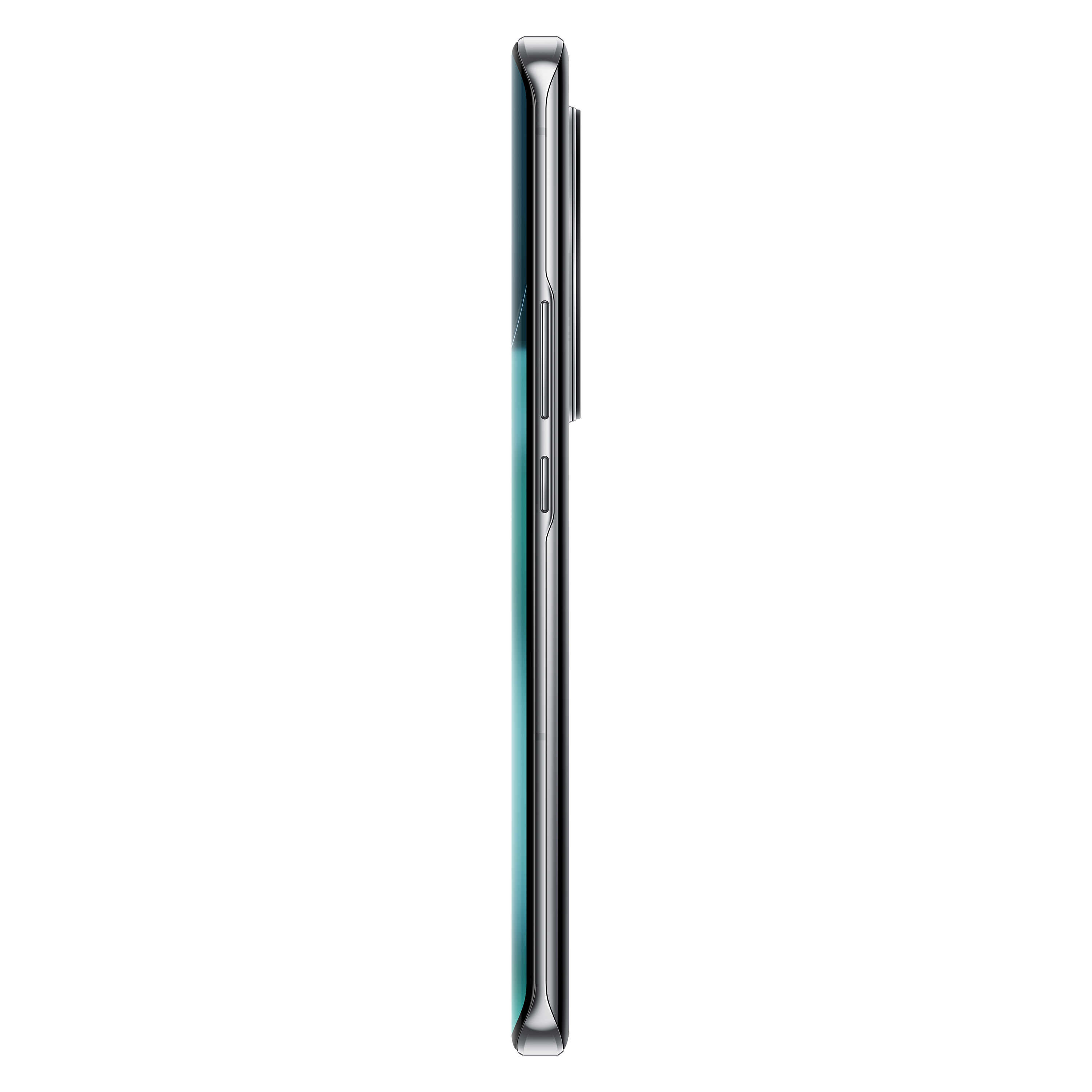 Vista lateral de un teléfono inteligente negro con parte trasera verde claro. Diseño elegante y metálico.
