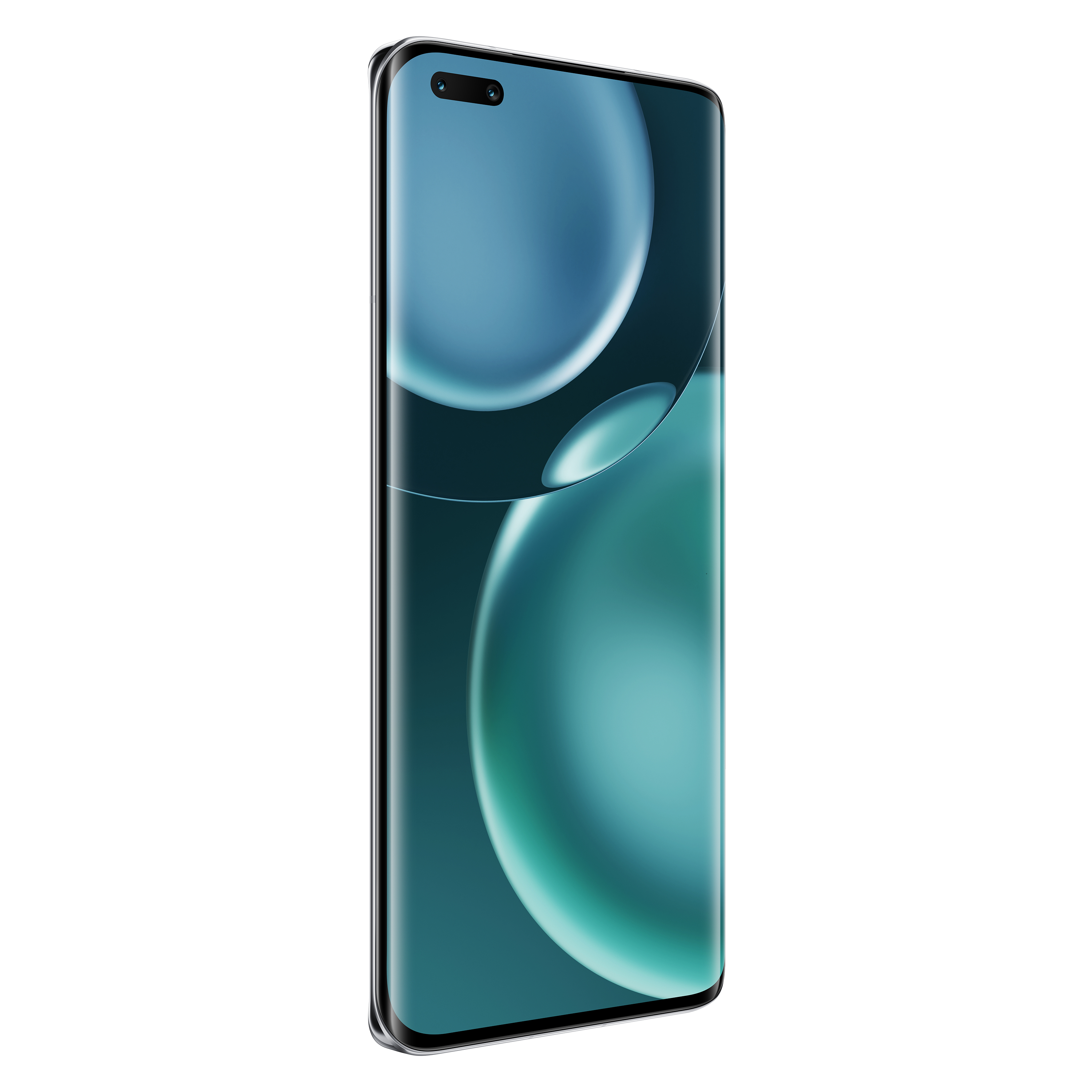 Smartphone, pantalla muestra diseño azul y verde. Marco negro.