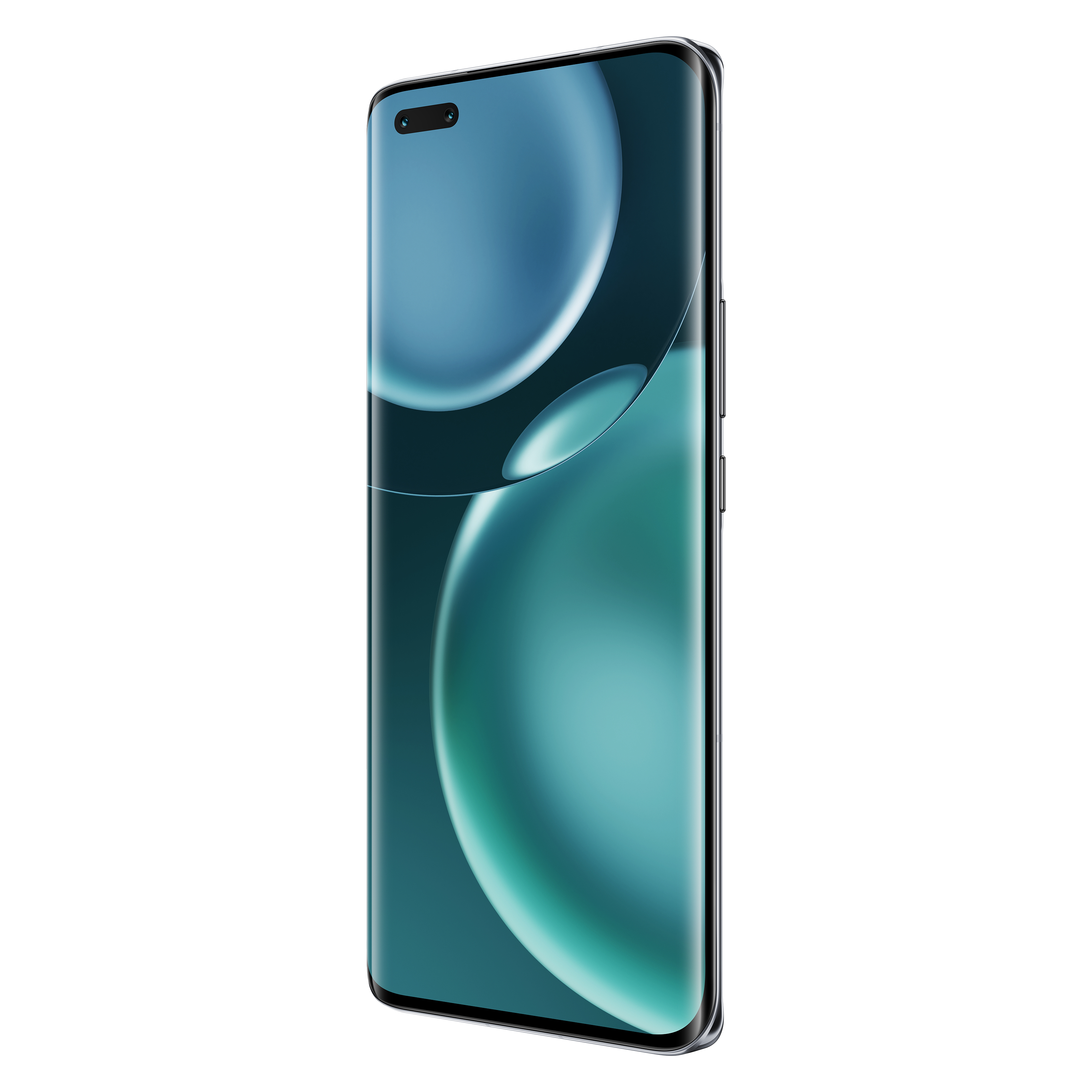 Un elegante teléfono inteligente con pantalla grande, bordes curvos y un fondo degradado azul-verde.