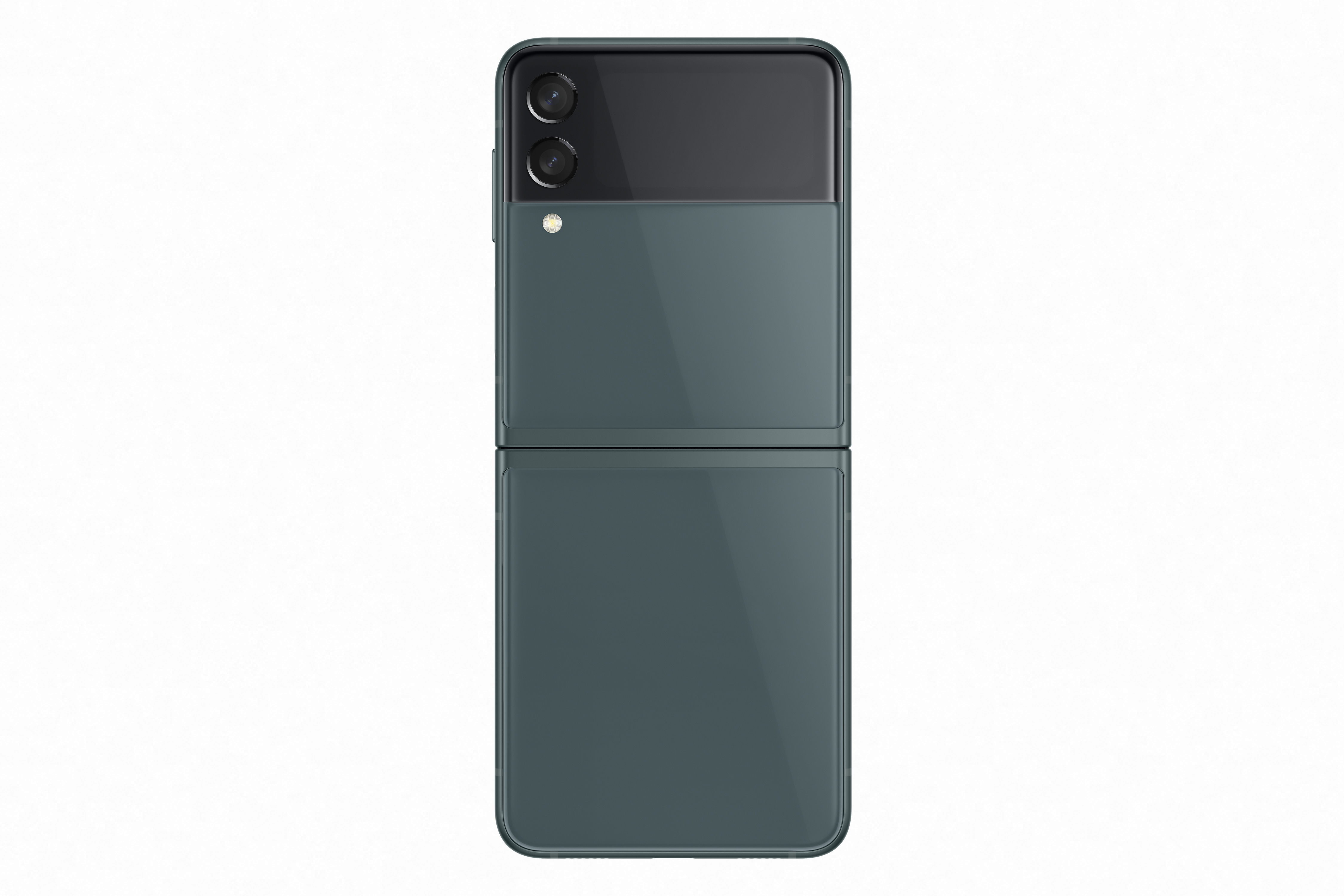 Składany zielony telefon, dwa aparaty, zamknięty. Czarny górny segment.
