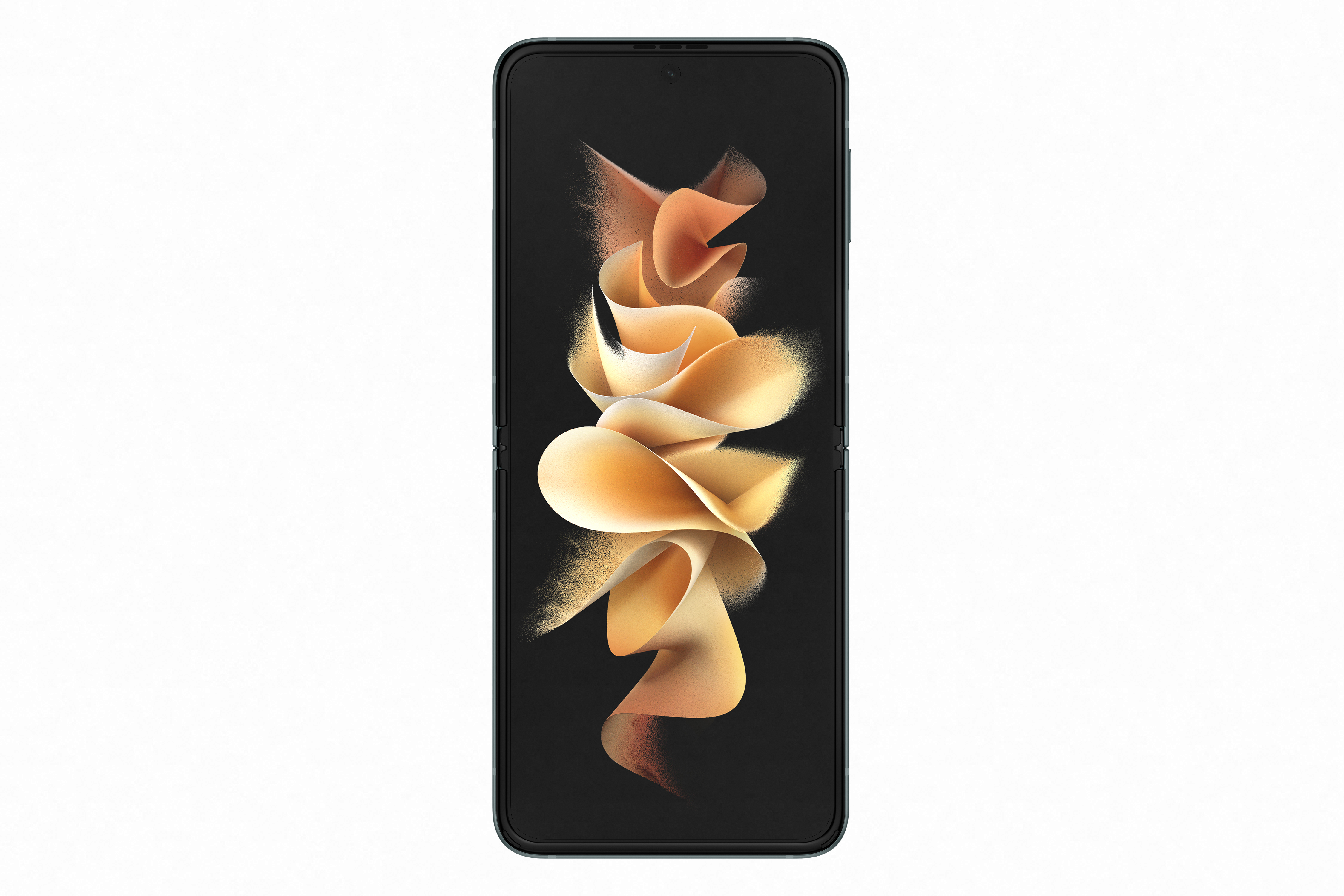 Składany telefon pokazany w otwartej pozycji, wyświetlający dynamiczny, abstrakcyjny obraz na białym tle.