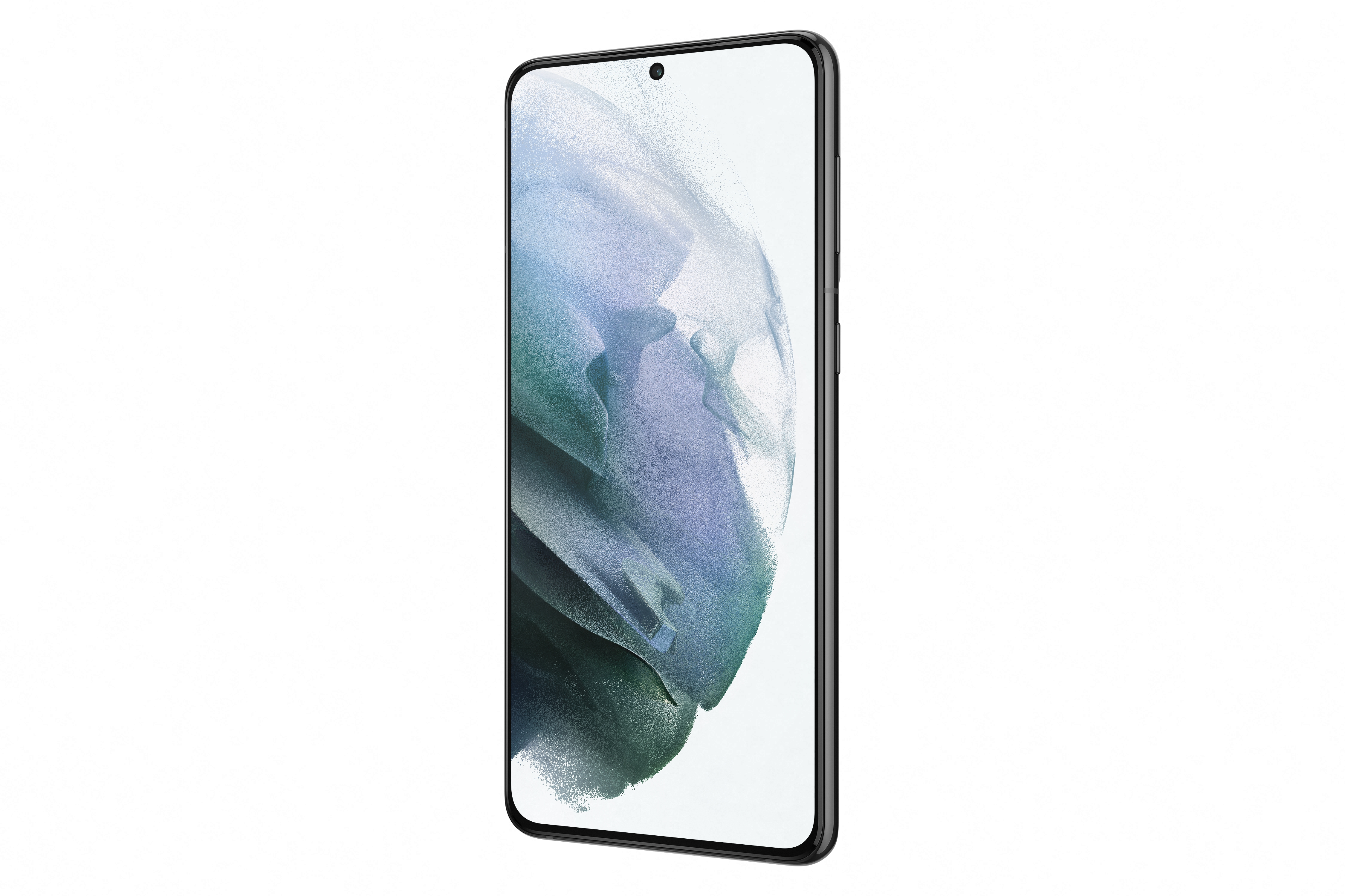 Téléphone noir, vue en biais, écran affichant une image. Fond blanc.