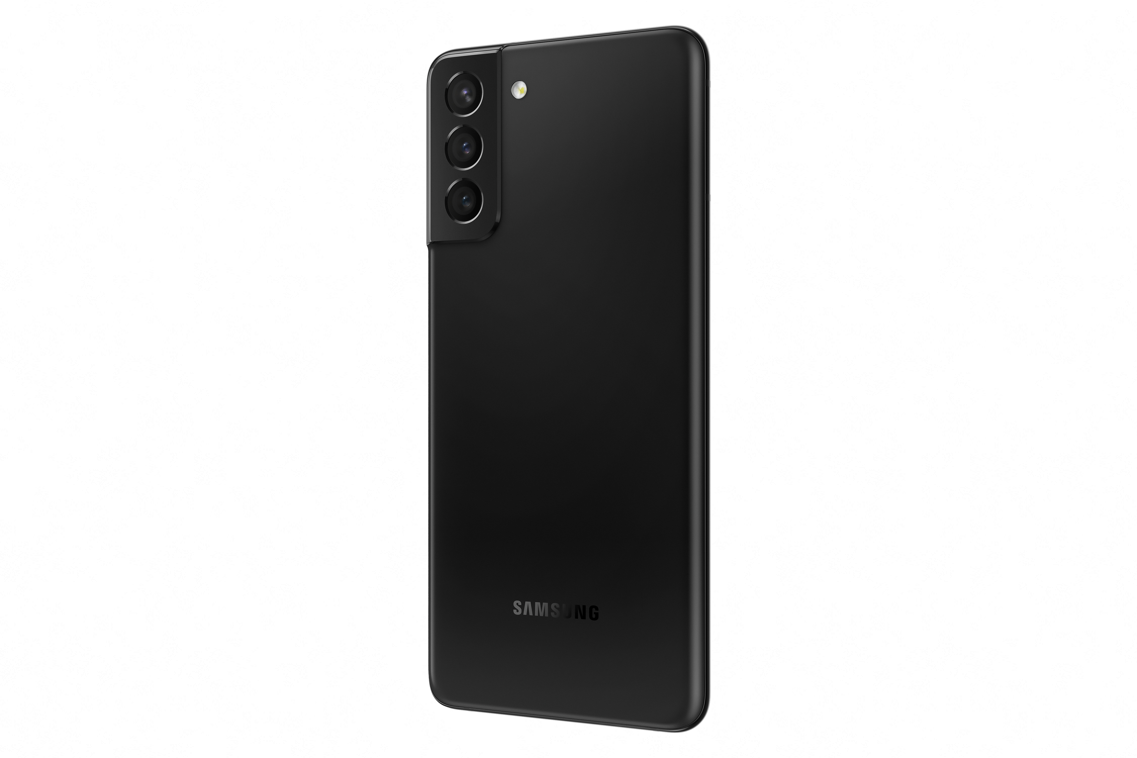 Smartphone noir avec trois caméras à l'arrière, vue en angle. Fond blanc.