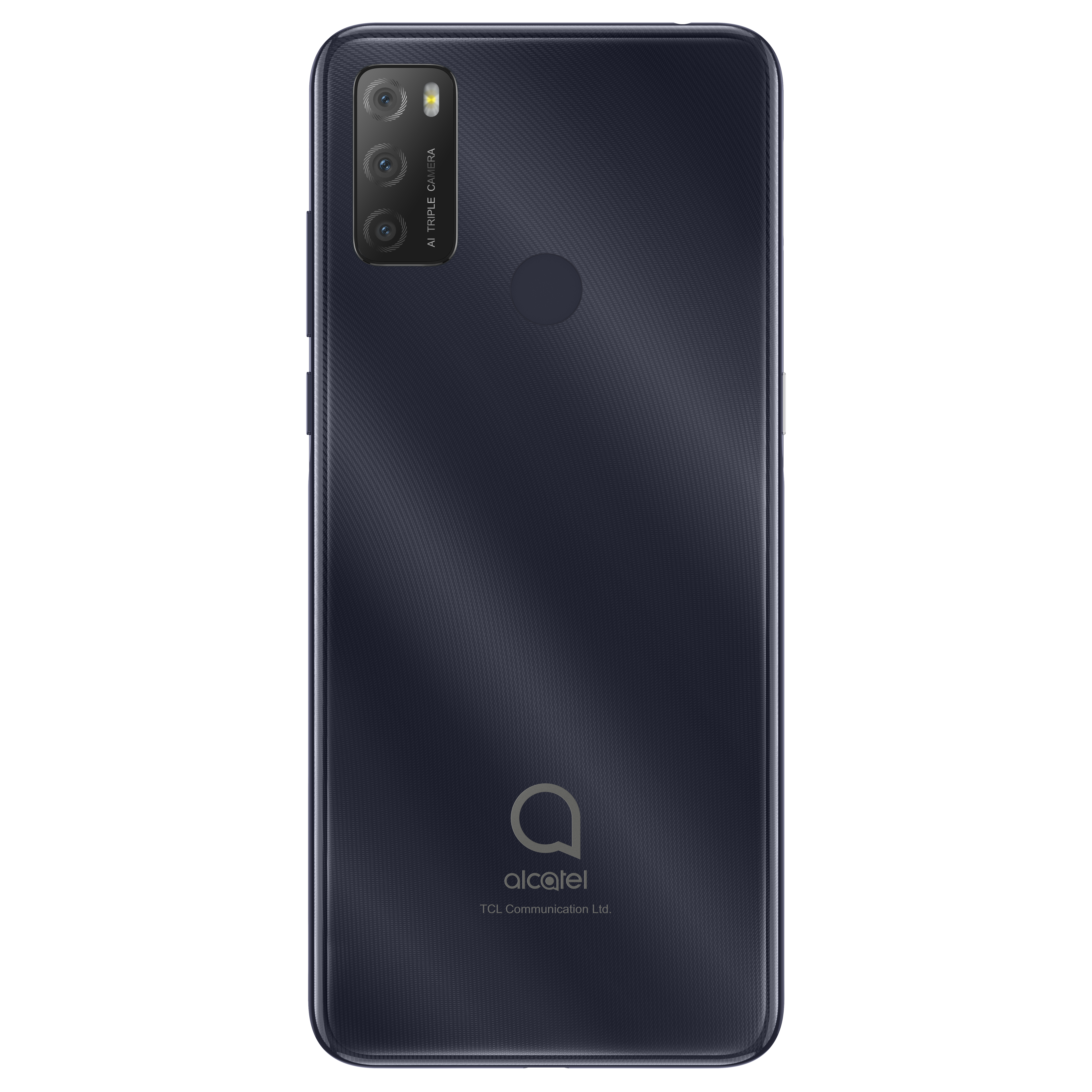 Tył smartfona Alcatel, granatowy, potrójny aparat i logo Alcatel, na białym tle.