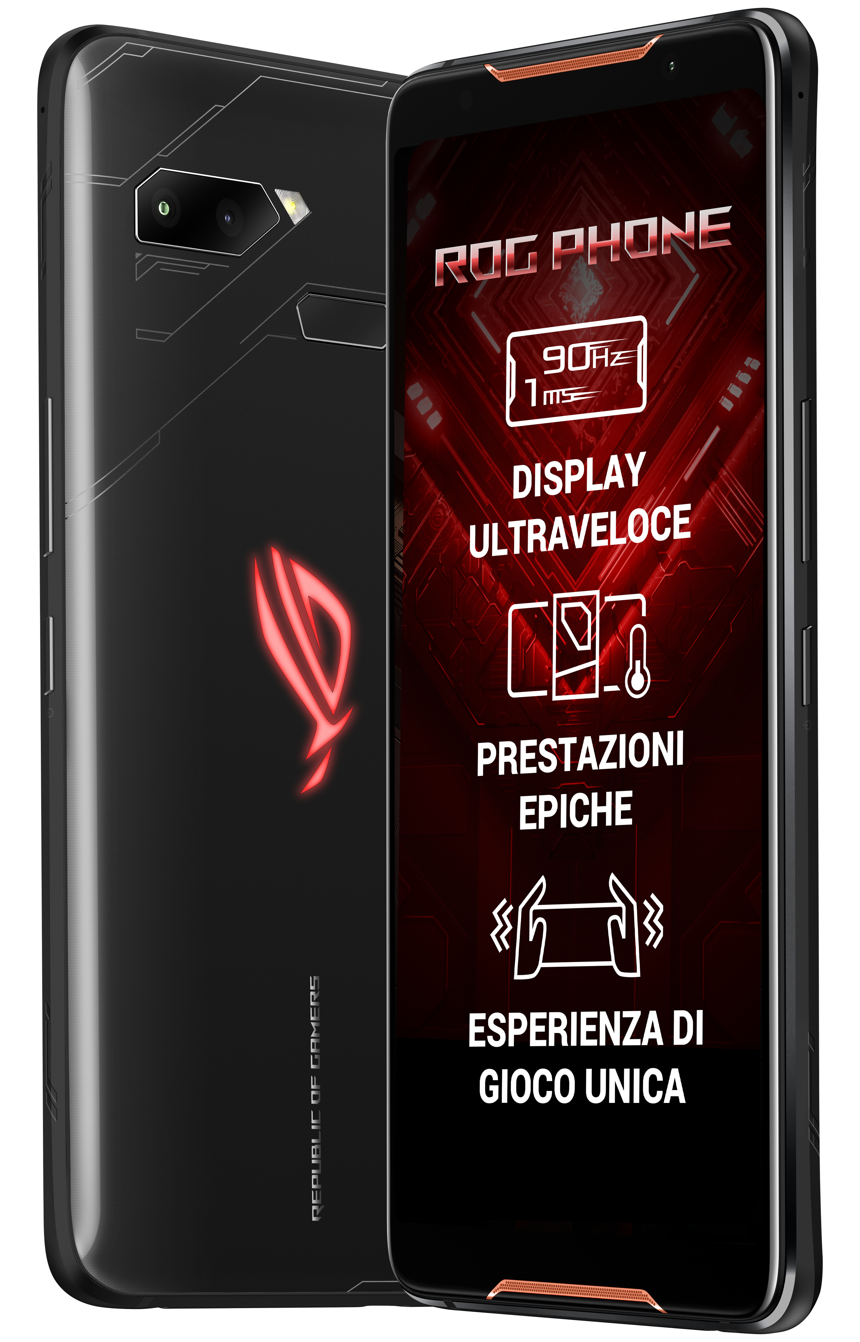 Czarny telefon ROG z czerwonymi akcentami. Ekran wyświetla grafikę dotyczącą gier. Telefon ma futurystyczny design.