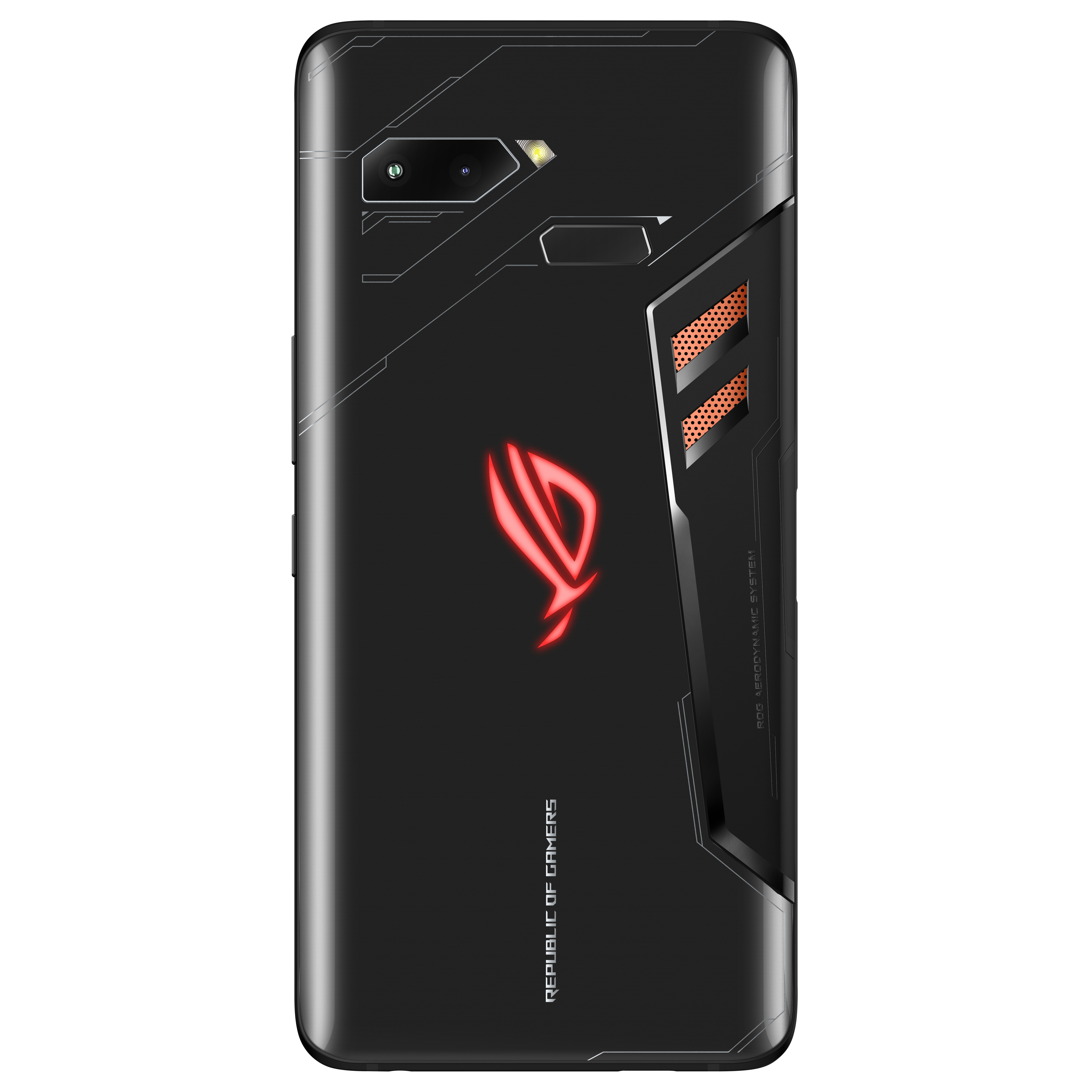Czarny telefon, widok z tyłu, logo ROG, aparaty. Czerwono-czarny design. Białe tło.