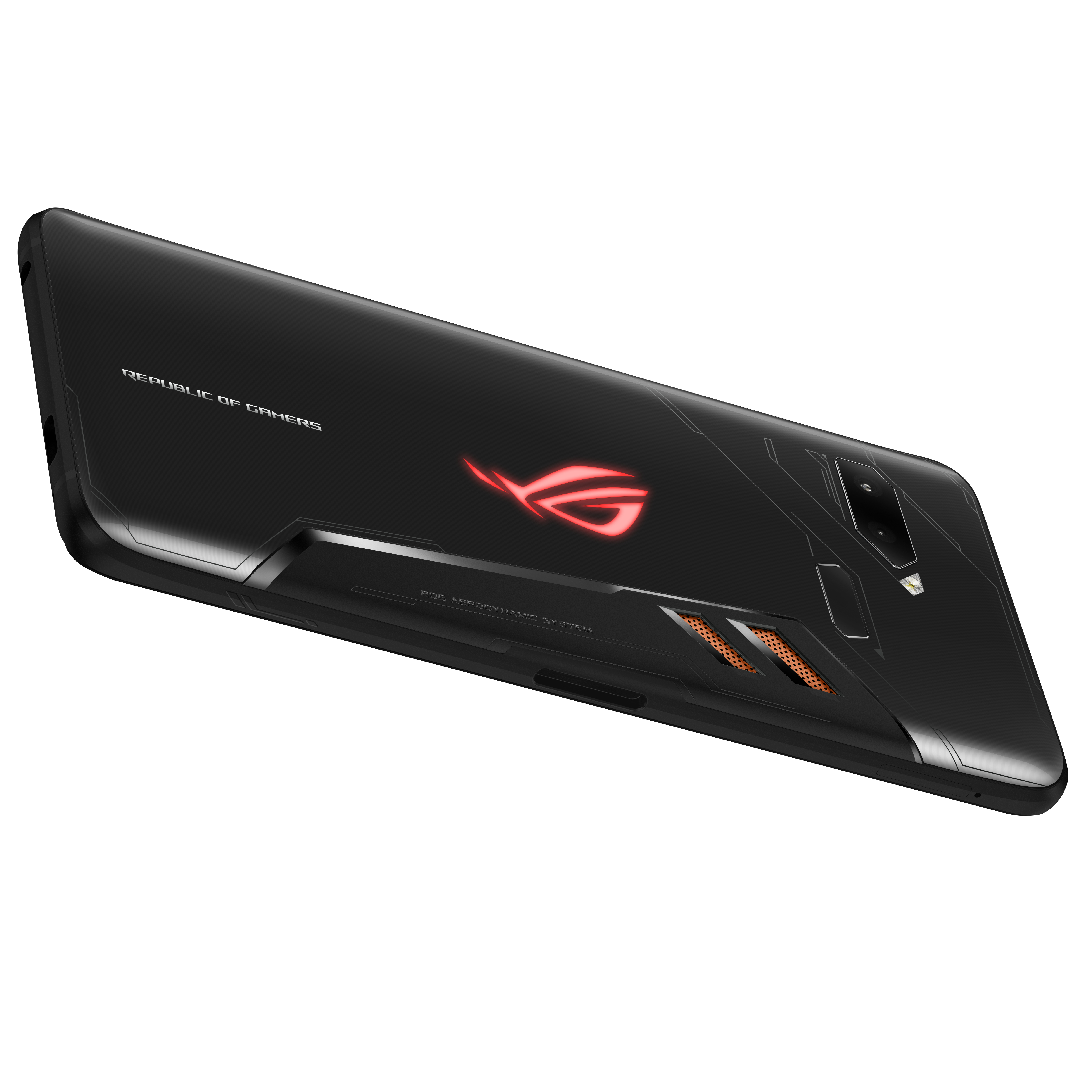 Tył czarnego smartfona z czerwonym logo, tekstem ROG Aerodynamic System. Widok z boku, ciemne tło.