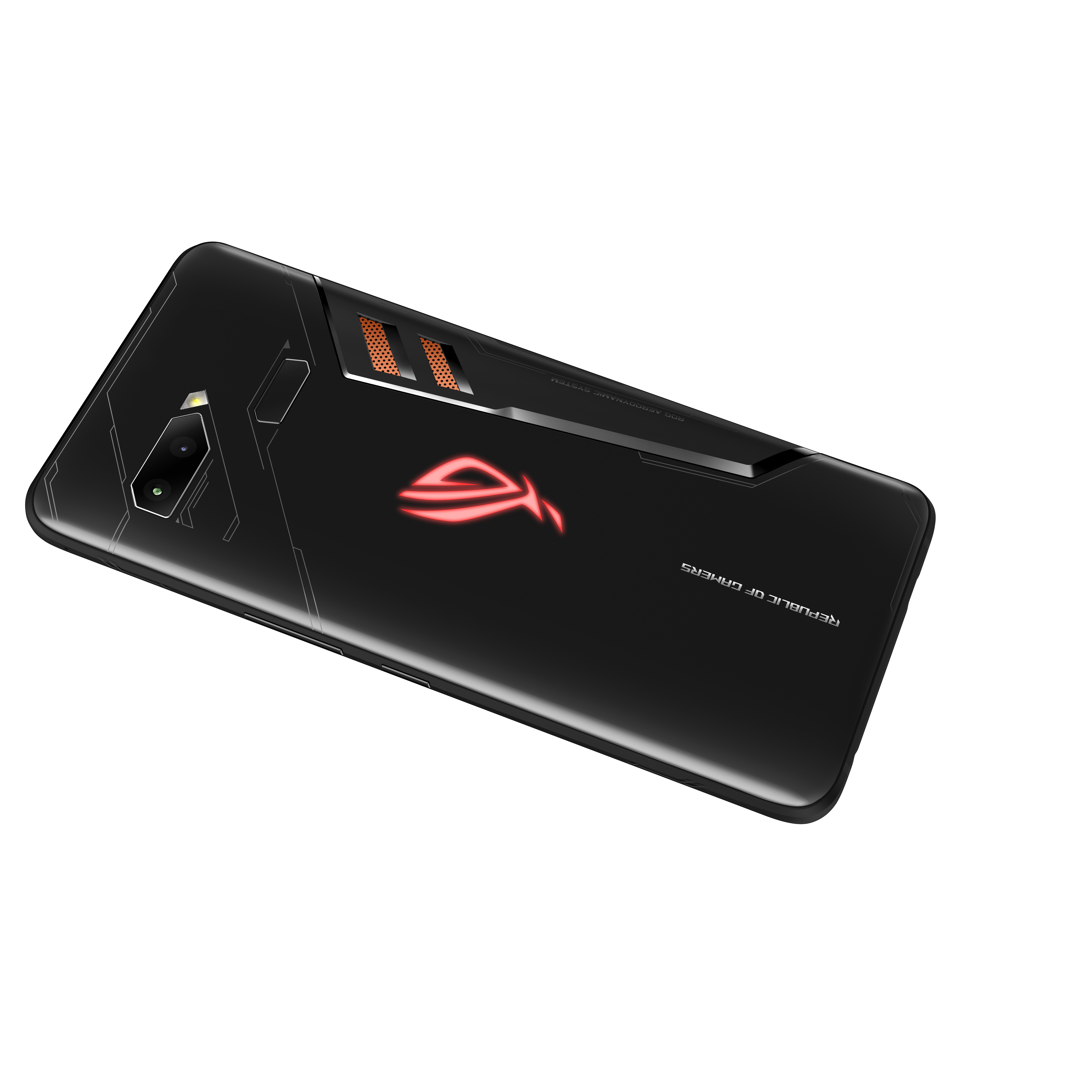 Czarny tył smartfona ze światłami RGB. Posiada aparat i logo ROG. Pomarańczowe akcenty.